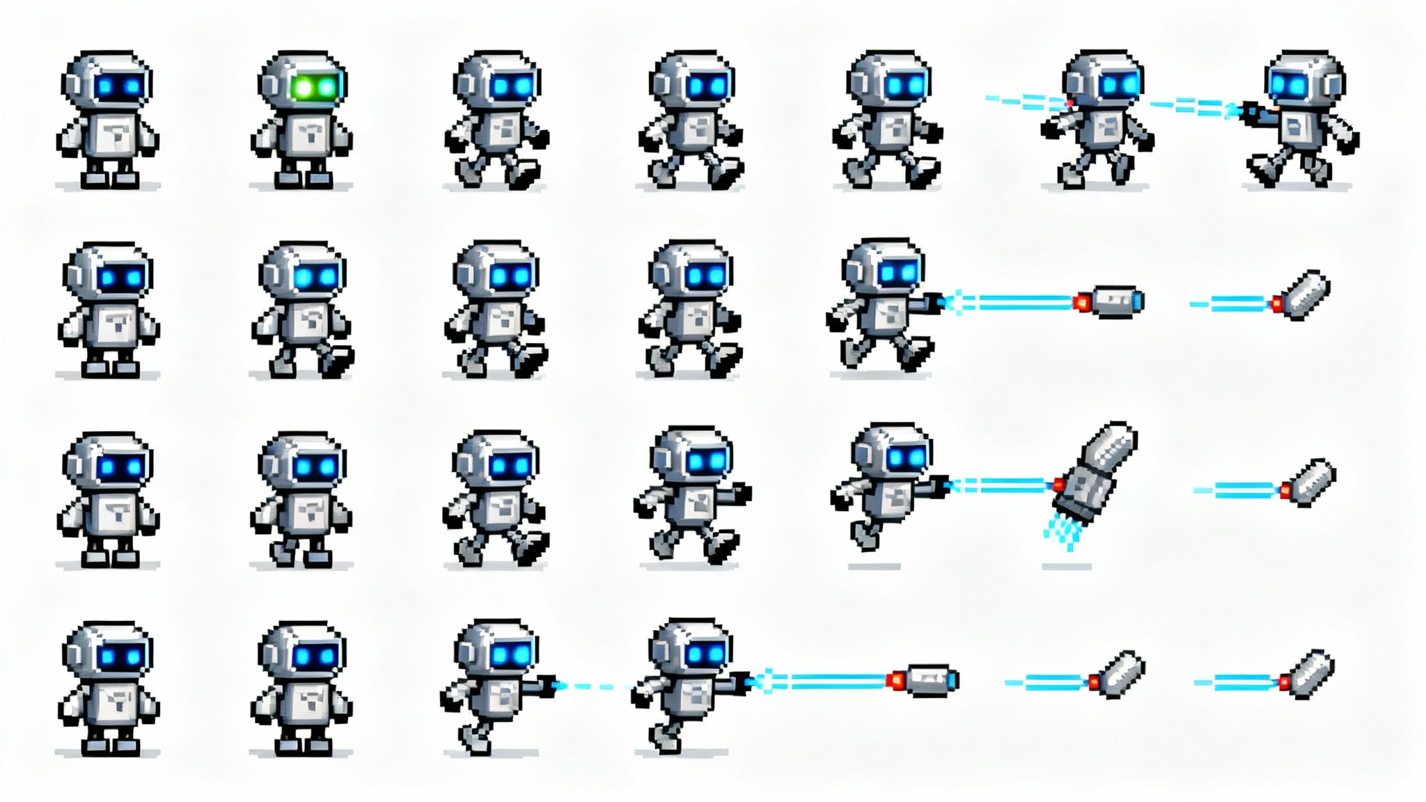 A pixel art sprite sheet featuring a small robot character, showing its animation frames for walking, jumping, and shooting, all arranged in a grid on a white background.