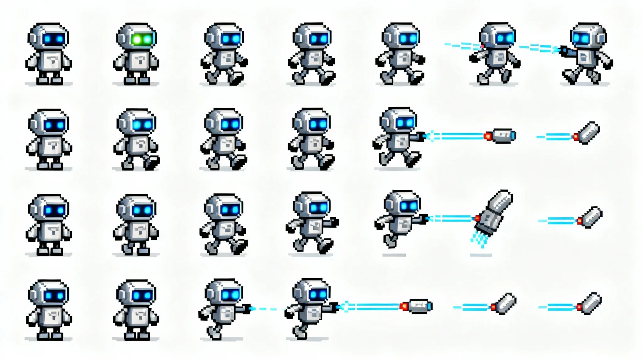 A pixel art sprite sheet featuring a small robot character, showing its animation frames for walking, jumping, and shooting, all arranged in a grid on a white background.