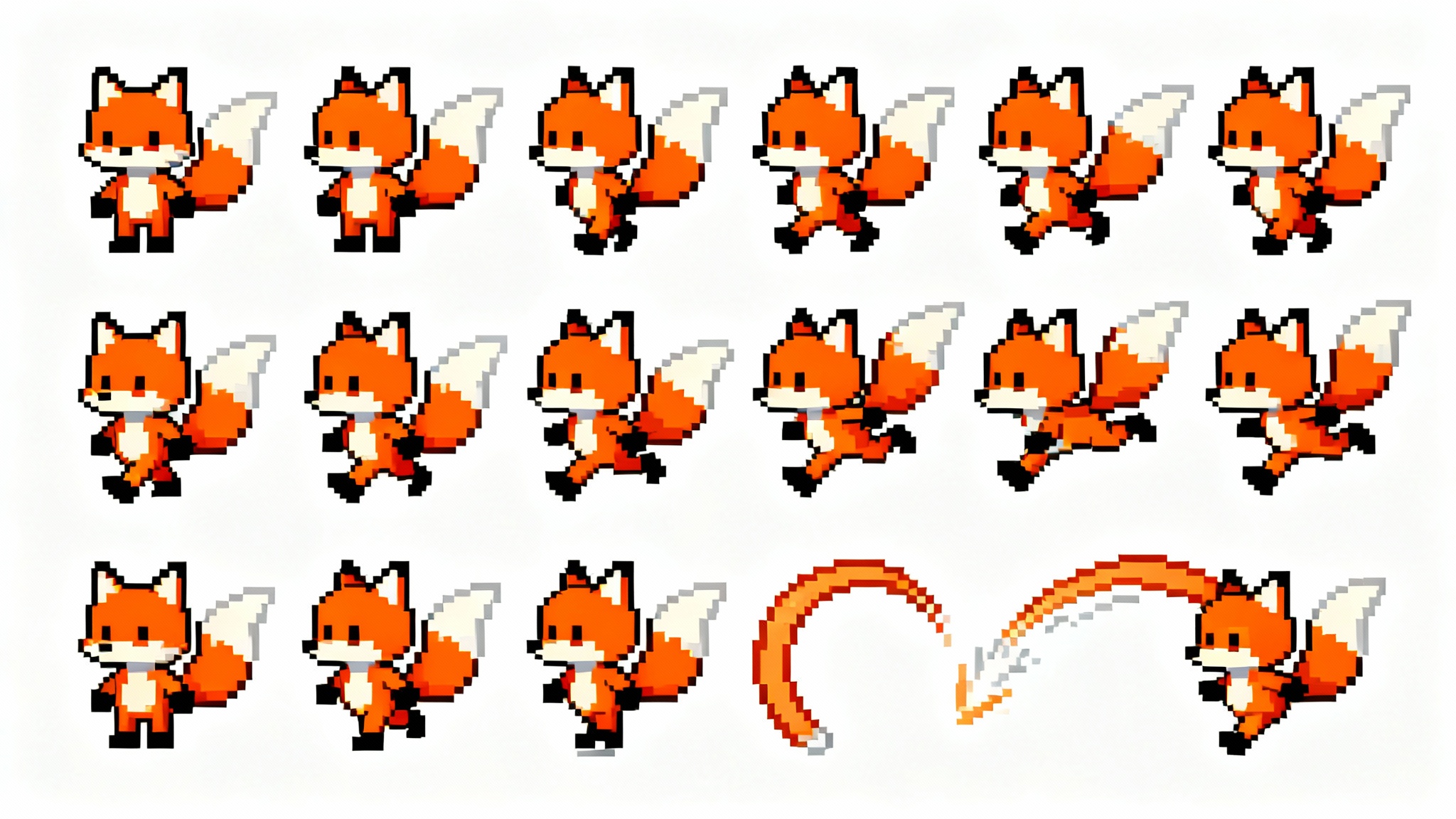 A pixel art sprite sheet of a cute fox character, showing different animation frames for walking, running, and jumping, all arranged in a grid on a white background.