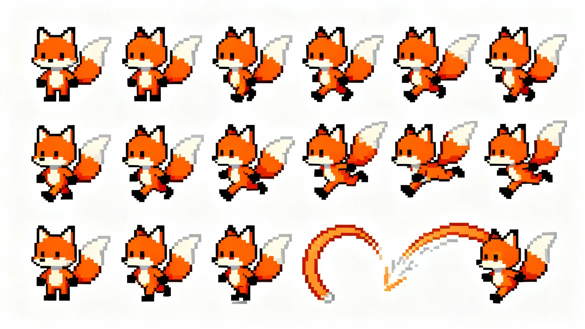 A pixel art sprite sheet of a cute fox character, showing different animation frames for walking, running, and jumping, all arranged in a grid on a white background.