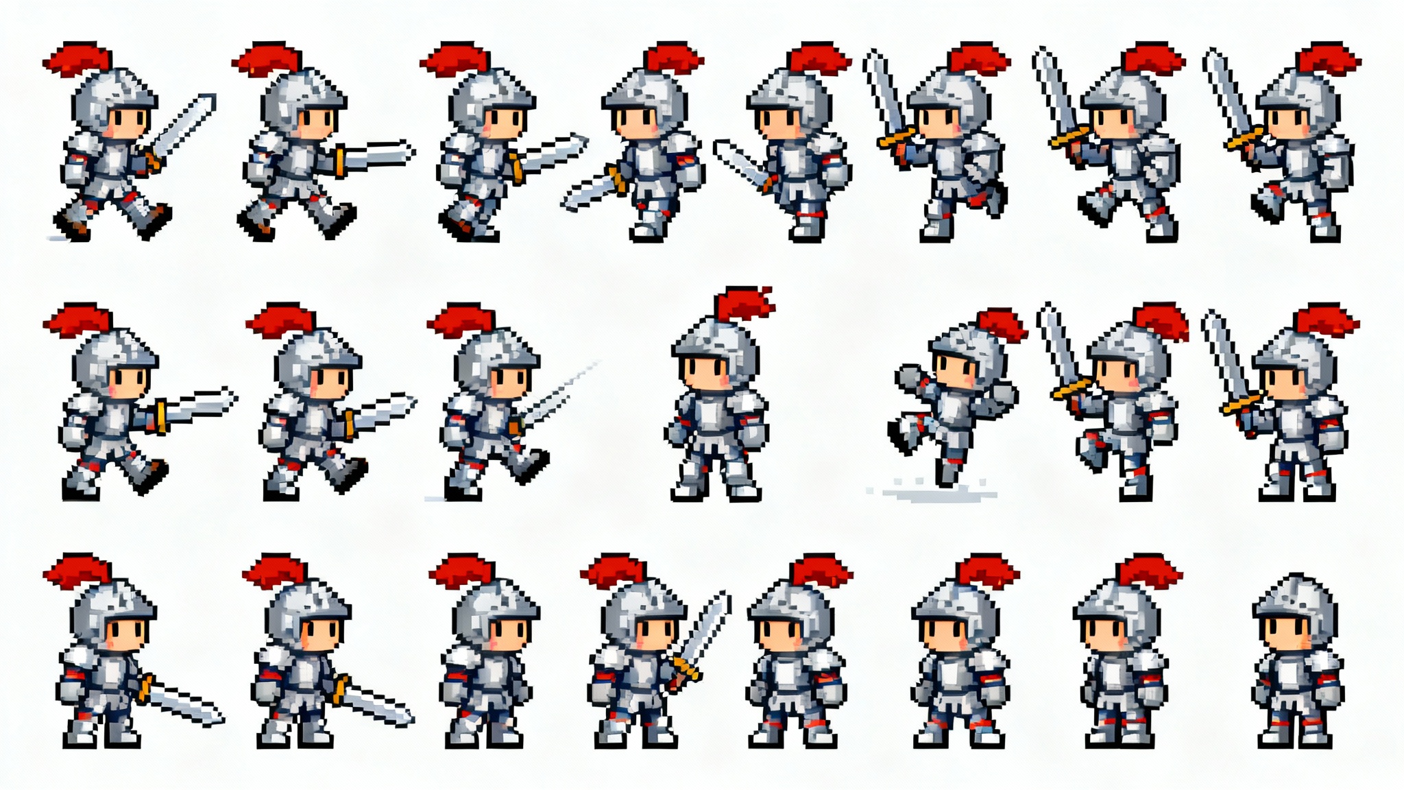 A 16-bit pixel art sprite sheet of a small knight character, showing various animation poses like walking, jumping, and attacking, all arranged in a grid on a white background.