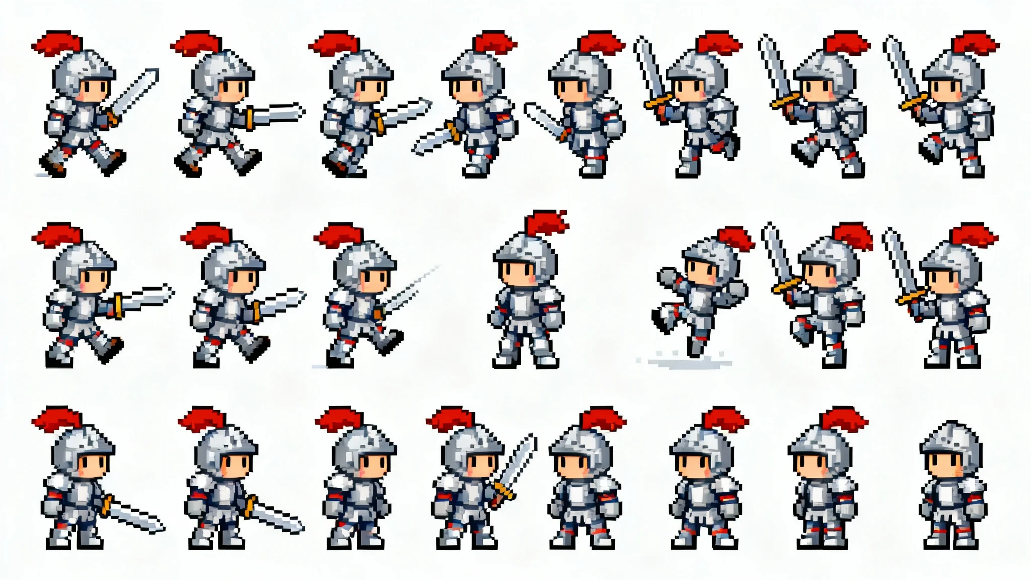 A 16-bit pixel art sprite sheet of a small knight character, showing various animation poses like walking, jumping, and attacking, all arranged in a grid on a white background.