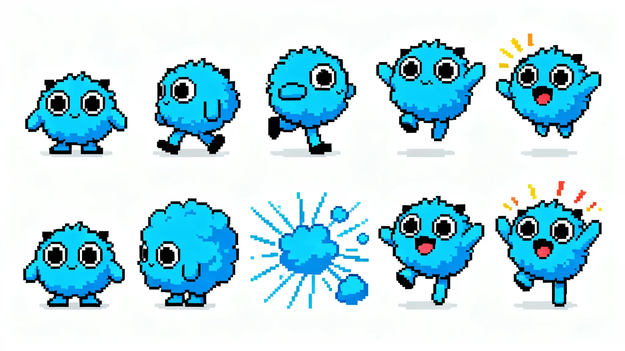 A 16-bit pixel art sprite sheet of a cute blue monster, showing various animation frames for a video game, including walking, jumping, and attacking, arranged neatly on a white background.