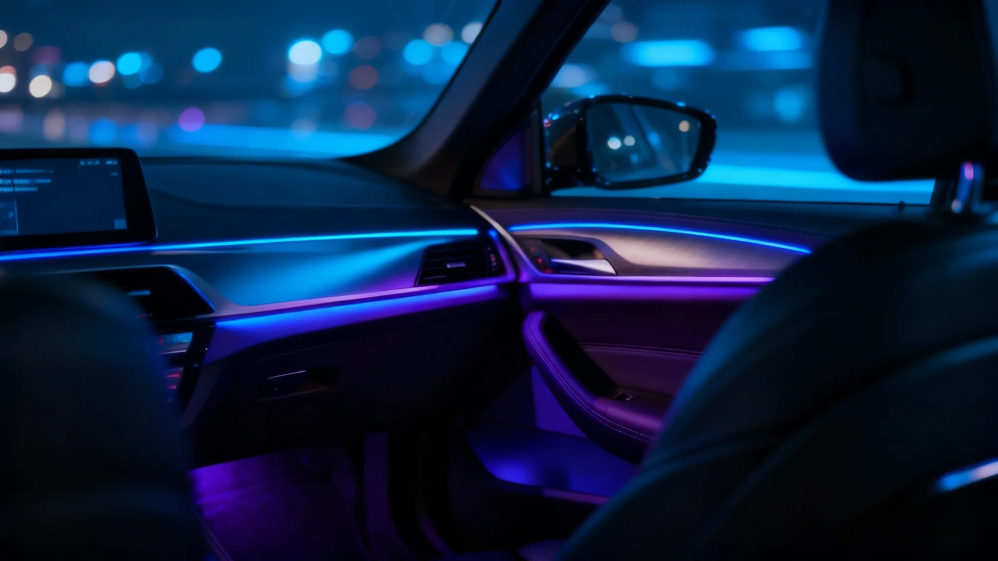 A professional photograph of a luxury car's interior at night, showcasing vibrant, integrated ambient lighting in blue and purple that illuminates the black leather seats and dashboard.