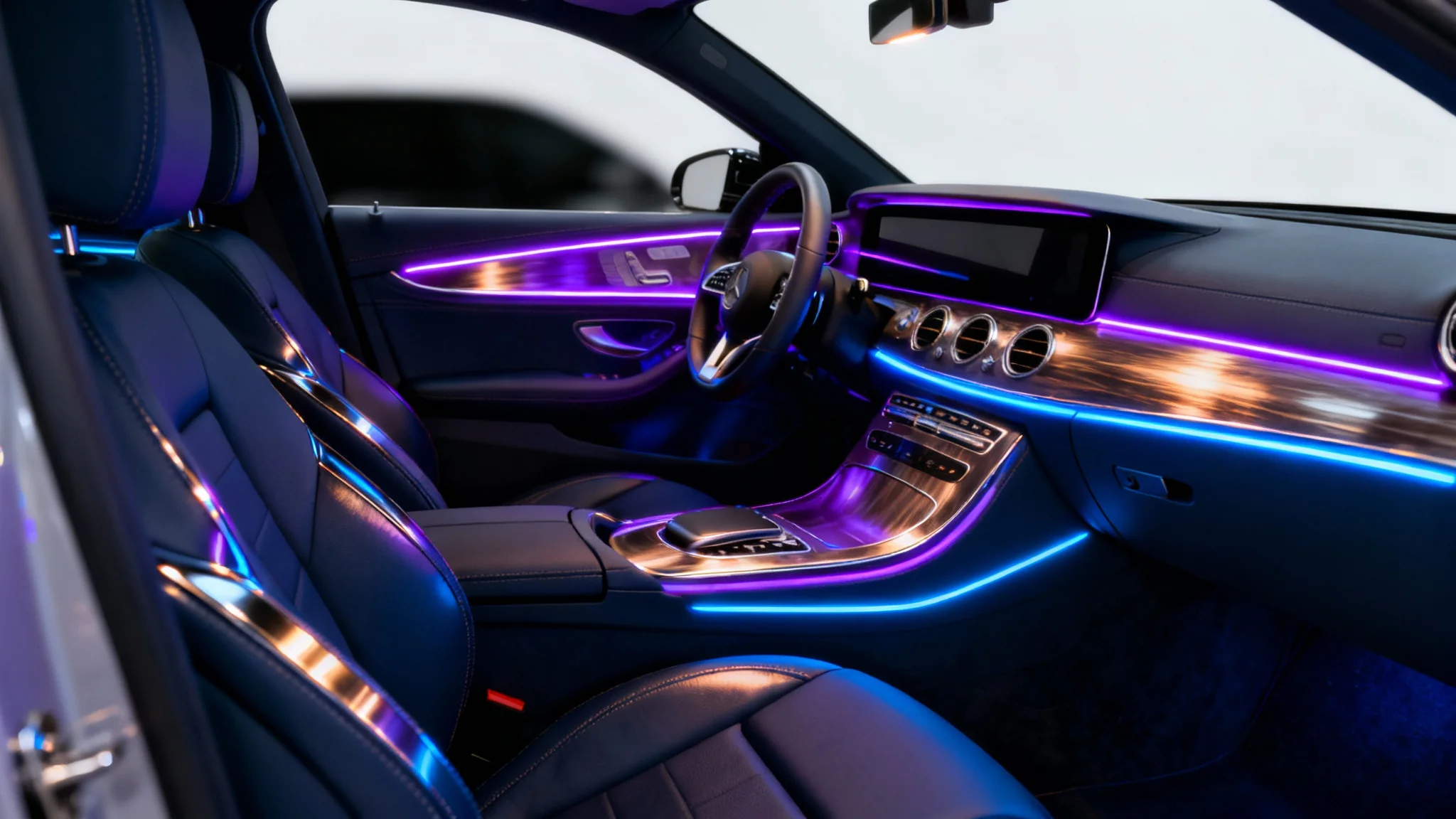 Interior of a modern luxury car at night, with vibrant blue and purple ambient LED lights glowing along the dashboard and door panels, creating a futuristic and sophisticated atmosphere.