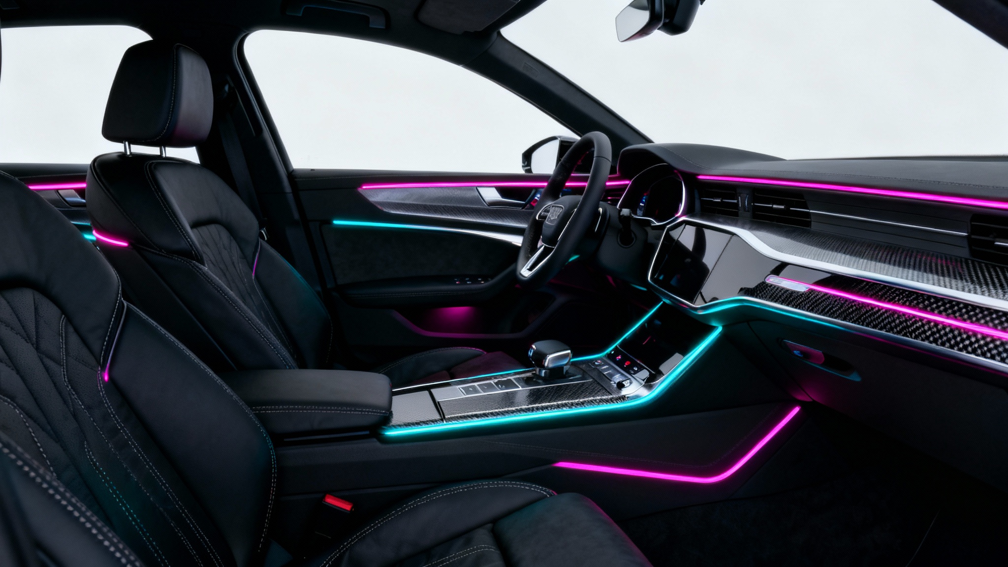 A photorealistic mockup of a modern luxury car's interior at night, showcasing vibrant magenta and cyan ambient lighting on the dashboard and doors, set against a clean white background.