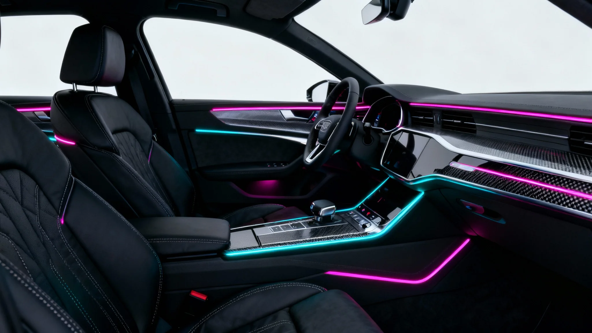 A photorealistic mockup of a modern luxury car's interior at night, showcasing vibrant magenta and cyan ambient lighting on the dashboard and doors, set against a clean white background.