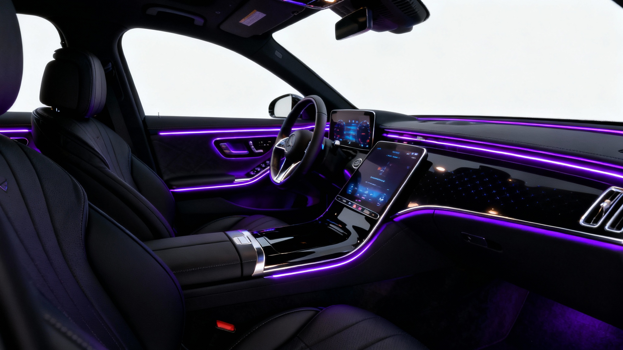 Interior of a luxury car at night featuring vibrant purple ambient lighting along the dashboard and doors, presented as a clean product mockup on a white background.