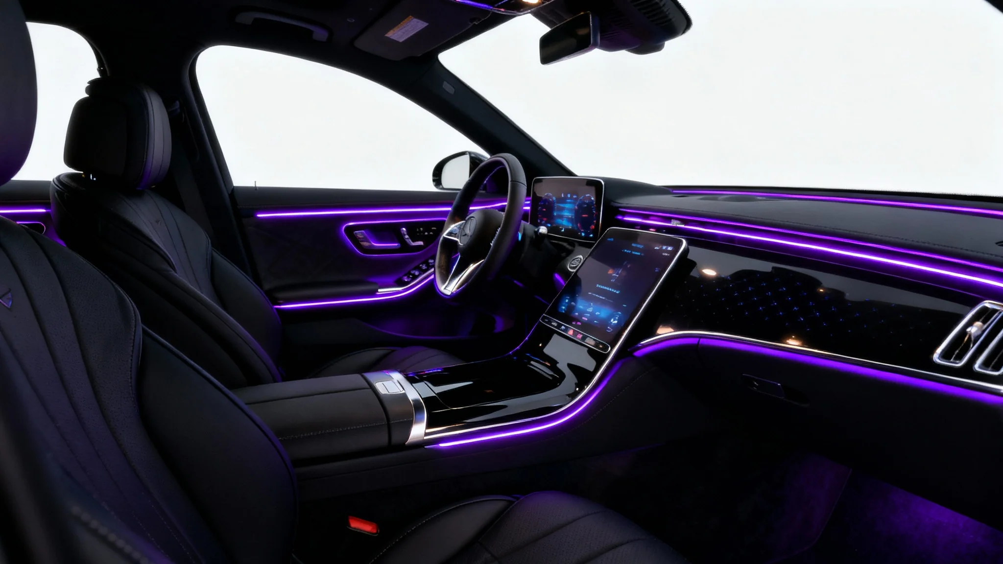 Interior of a luxury car at night featuring vibrant purple ambient lighting along the dashboard and doors, presented as a clean product mockup on a white background.