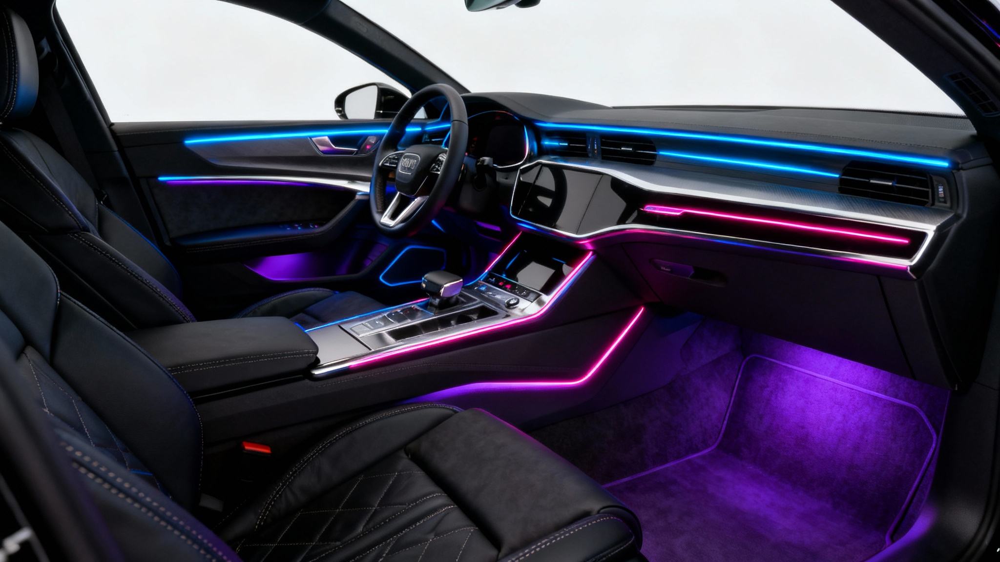 Interior of a luxury car at night, illuminated by vibrant blue and magenta ambient LED lighting strips along the dashboard and doors, on a clean white background.