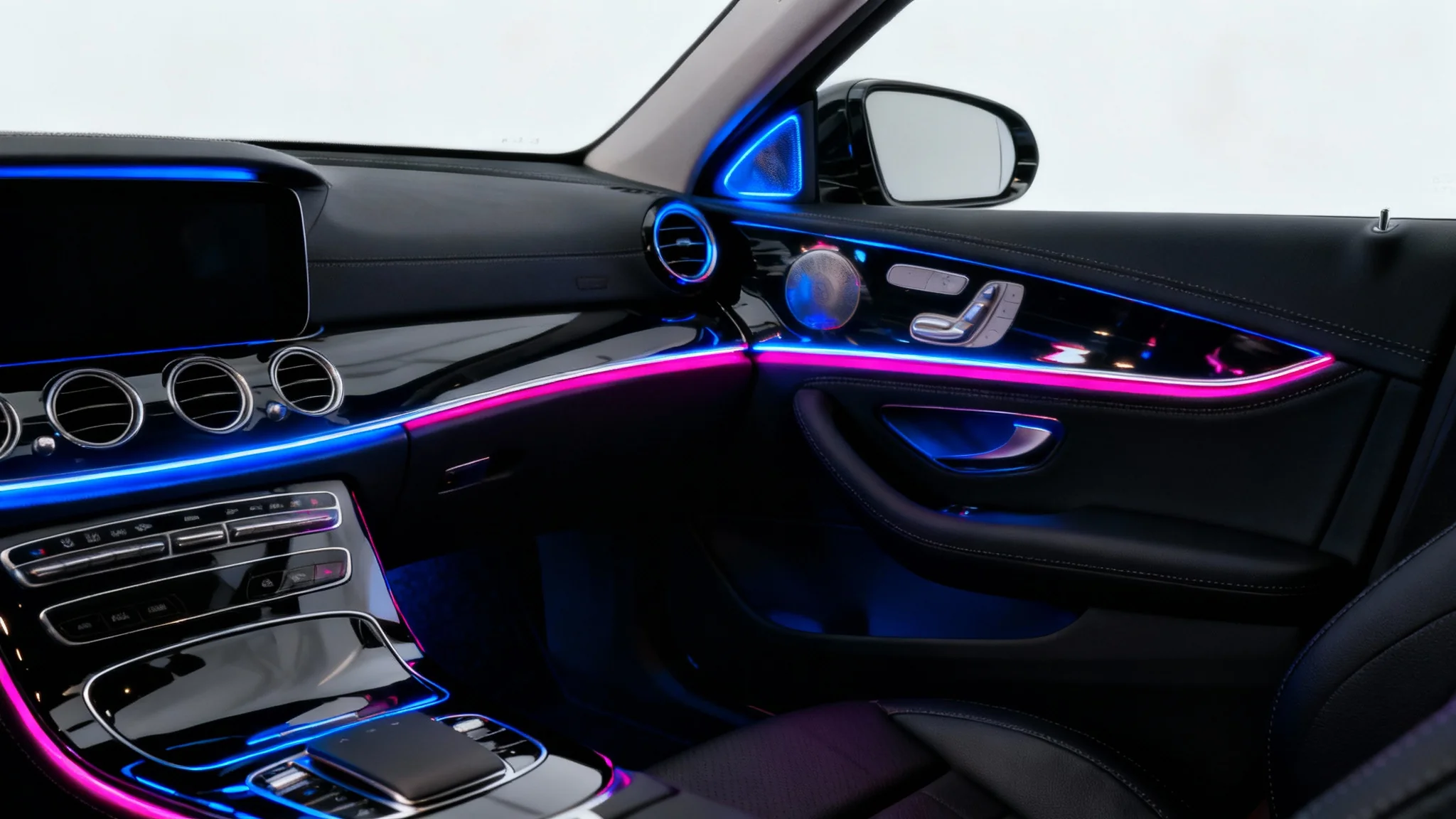 A close-up of a luxury car's interior showcasing vibrant blue and magenta ambient lighting strips along the dashboard and door, set against a clean white background.