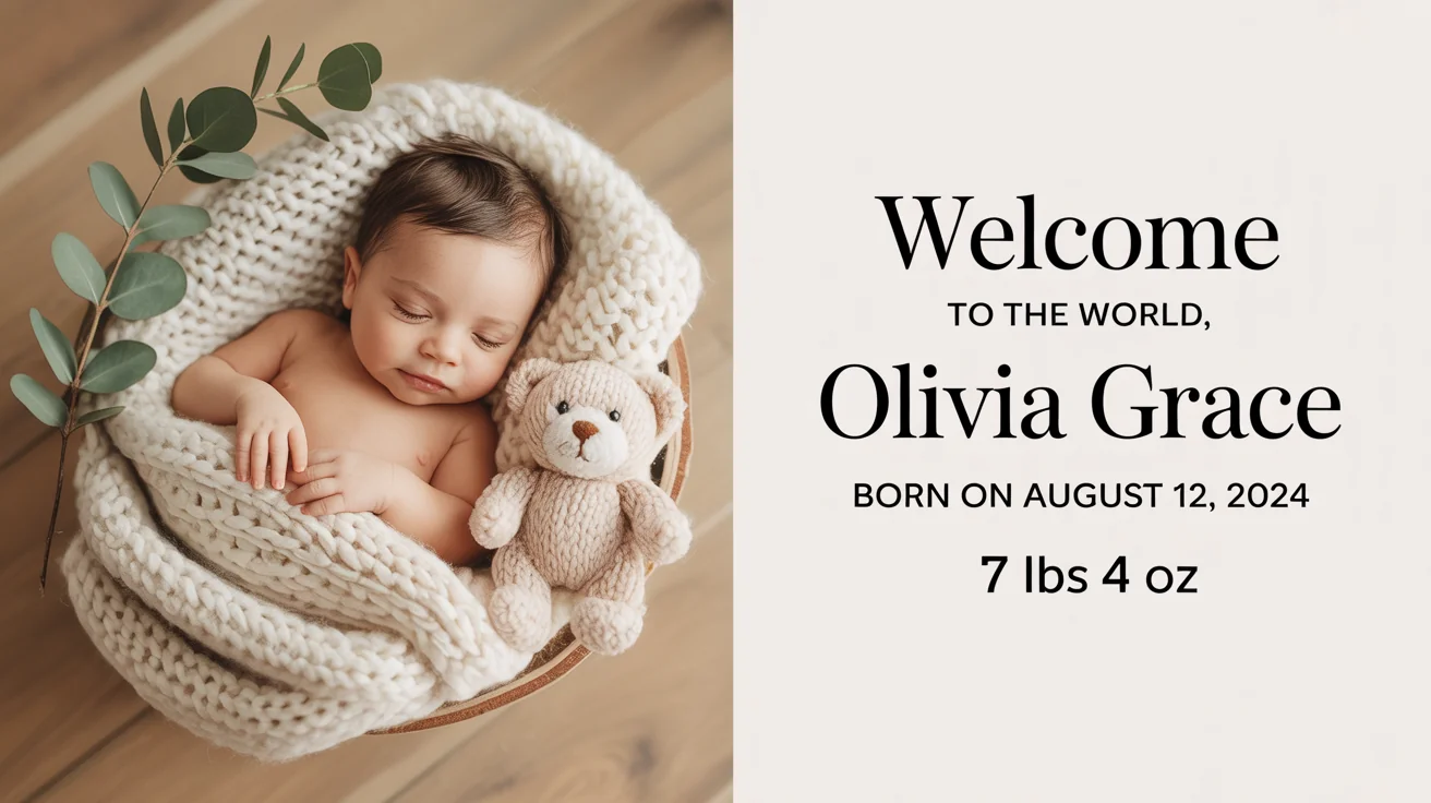A finished birth announcement card for a baby named Olivia Grace, featuring her photo and birth details, displayed in a beautiful flat lay with decorative props.