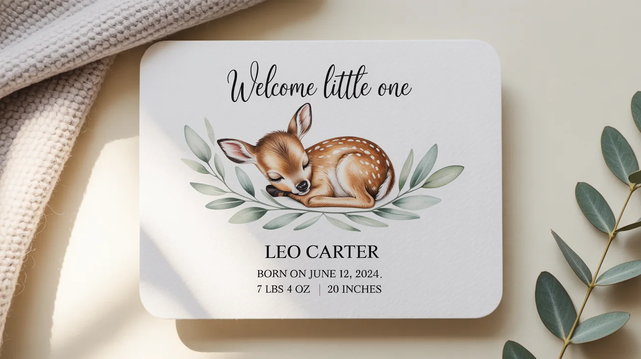 A modern birth announcement card mockup for a baby named 'Leo Carter', displayed flat on a white background with a baby blanket and a eucalyptus sprig.