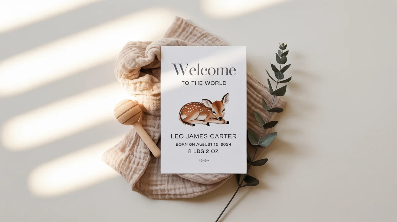 A flat lay photo of a minimalist birth announcement card for a baby named Leo James Carter, placed on a white background and surrounded by a muslin swaddle, a wooden rattle, and a sprig of eucalyptus.