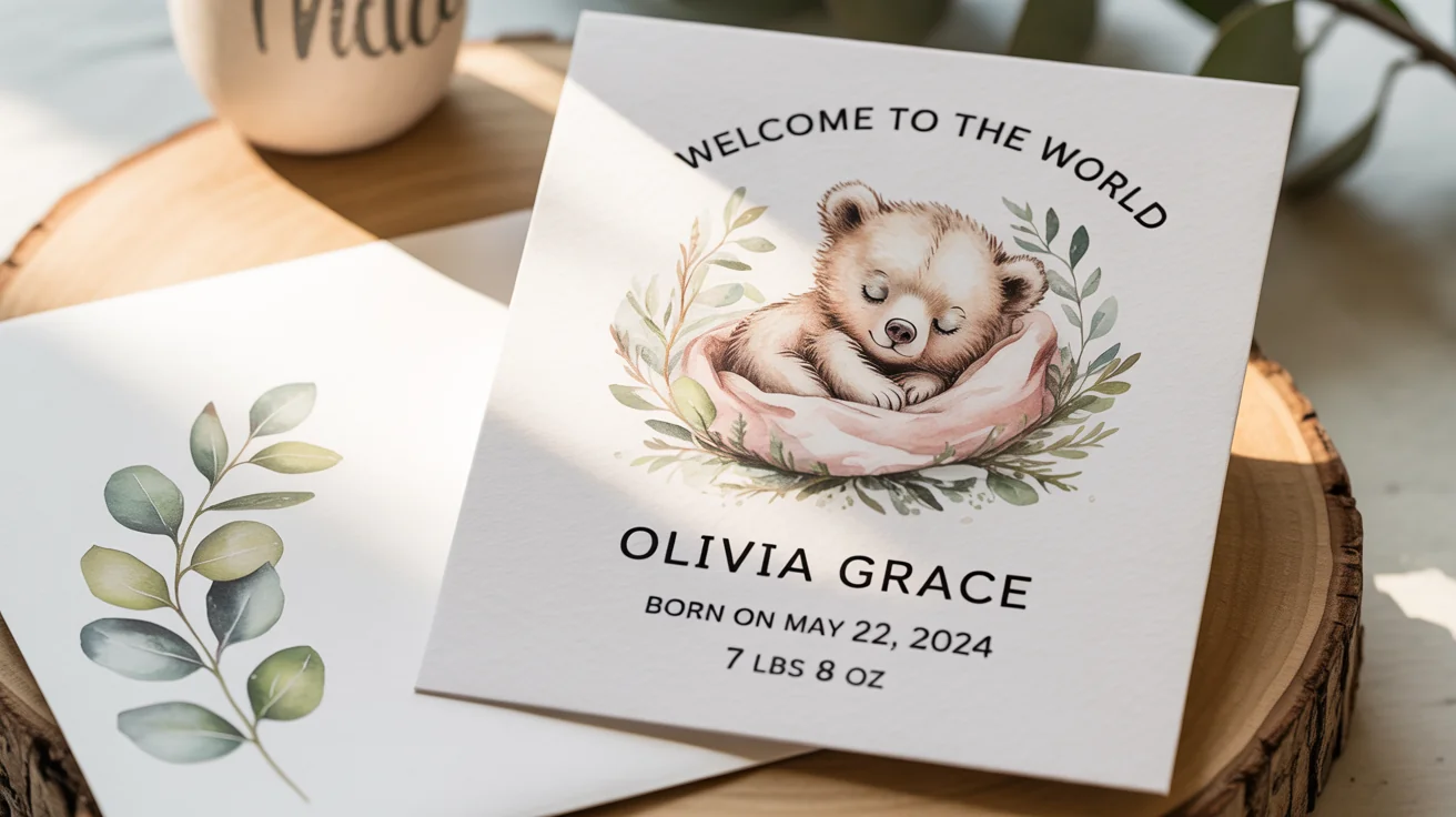 A modern birth announcement card for a baby named Olivia Grace, arranged in a flat lay style on a white background with a pink baby blanket and a sprig of eucalyptus.