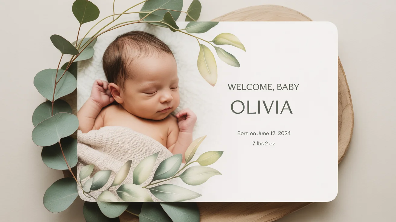 A flat lay image of a birth announcement card for a baby named Olivia, resting on a white surface next to a baby bootie and a wooden rattle.