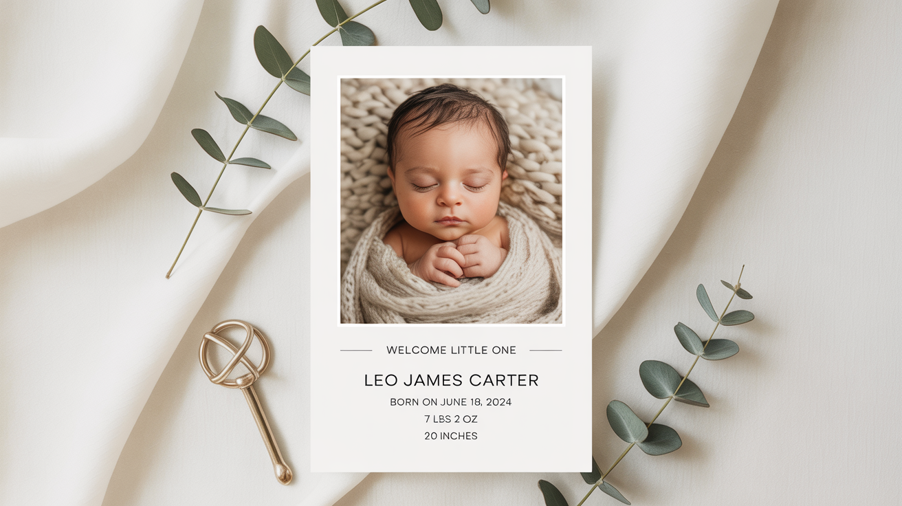 A mockup of a modern birth announcement card for a baby named Leo James Carter, featuring a photo of the newborn and birth details on a clean white background.