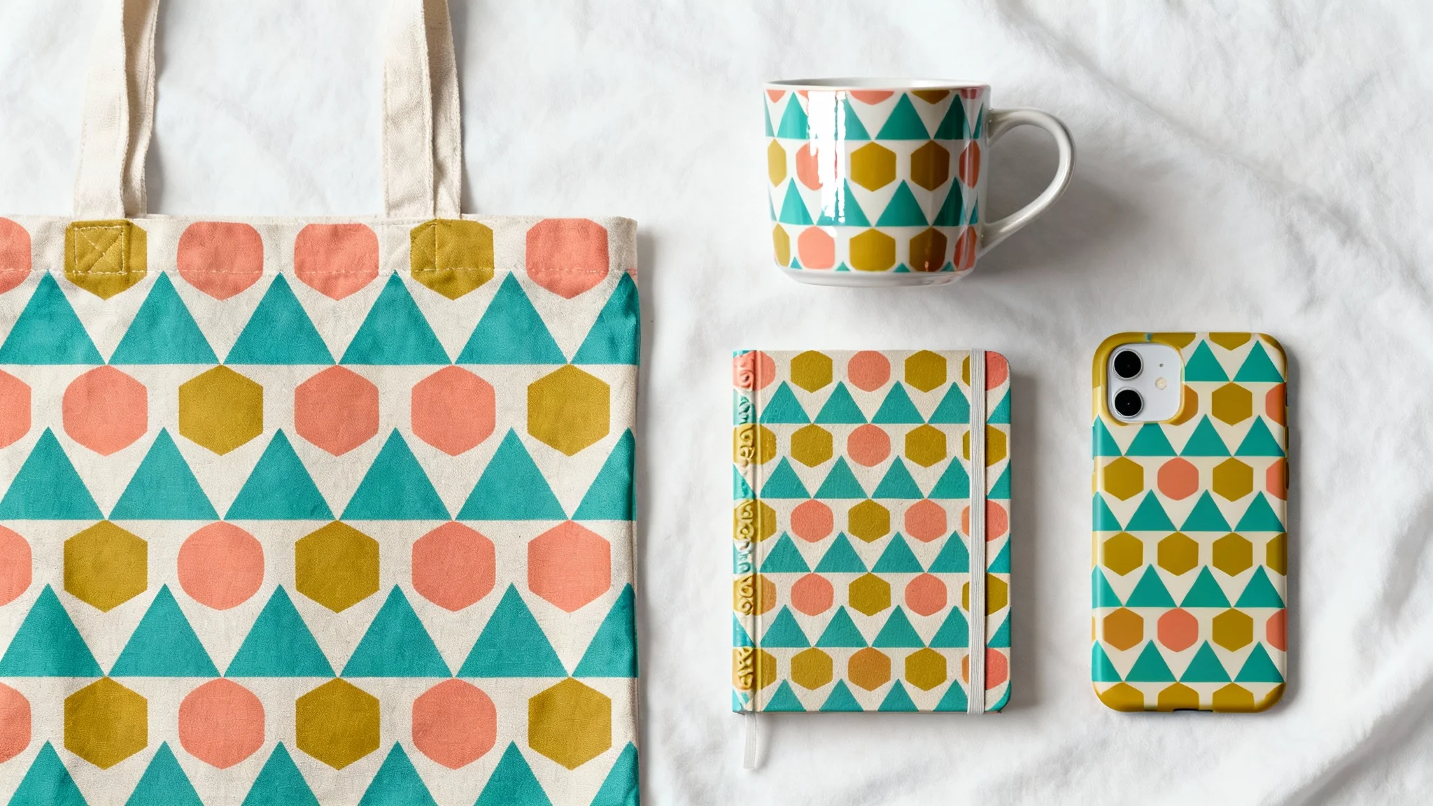 A flat lay product mockup showing a tote bag, journal, mug, and phone case all decorated with the same colorful geometric pattern of teal, coral, and yellow shapes, demonstrating the final result of a surface pattern design.