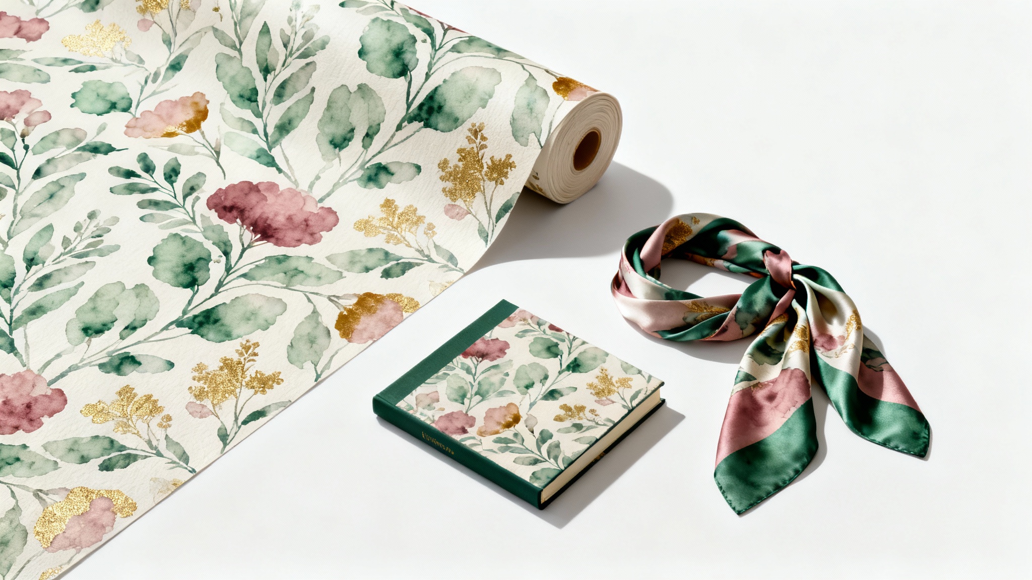 A photorealistic mockup displaying a repeating botanical surface pattern on a roll of wallpaper, a silk scarf, and a journal, all arranged neatly on a white background.