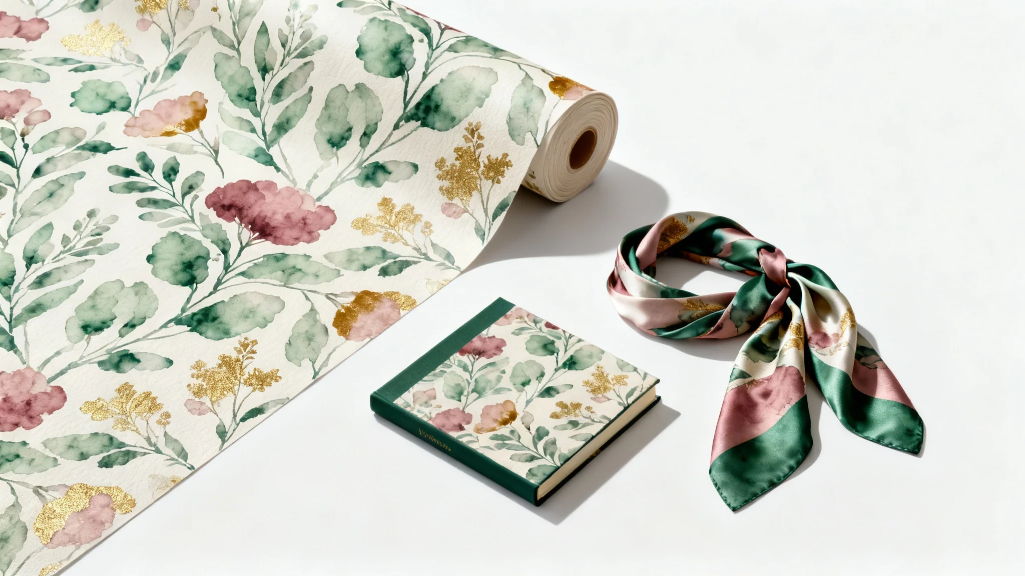 A photorealistic mockup displaying a repeating botanical surface pattern on a roll of wallpaper, a silk scarf, and a journal, all arranged neatly on a white background.