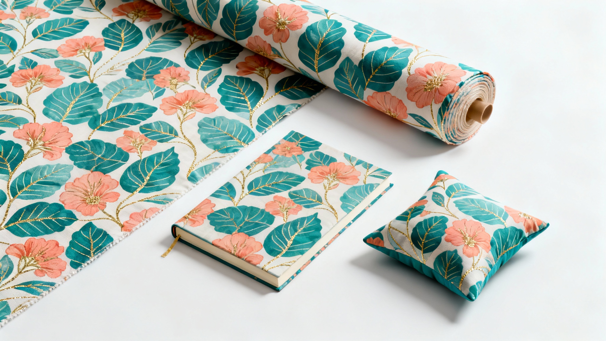 A flat lay of a bolt of fabric, a notebook, and a small pillow, all featuring a matching modern botanical surface pattern design in teal and coral, set against a clean white background.