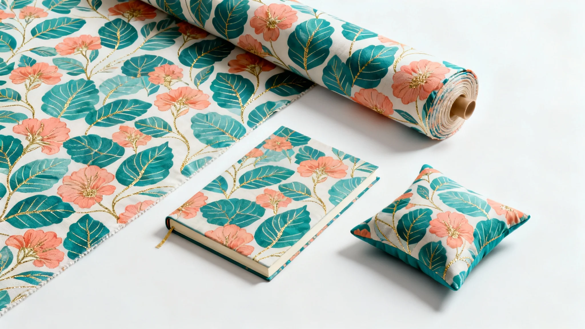 A flat lay of a bolt of fabric, a notebook, and a small pillow, all featuring a matching modern botanical surface pattern design in teal and coral, set against a clean white background.