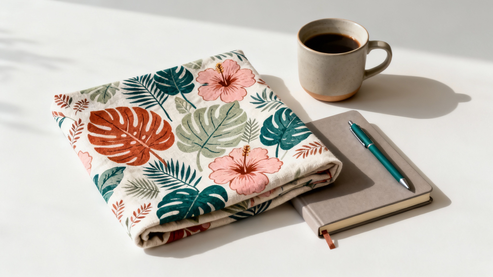 A flat lay mockup showcasing a botanical surface pattern design on a fabric swatch, a notebook, and a coffee mug, arranged on a white background.