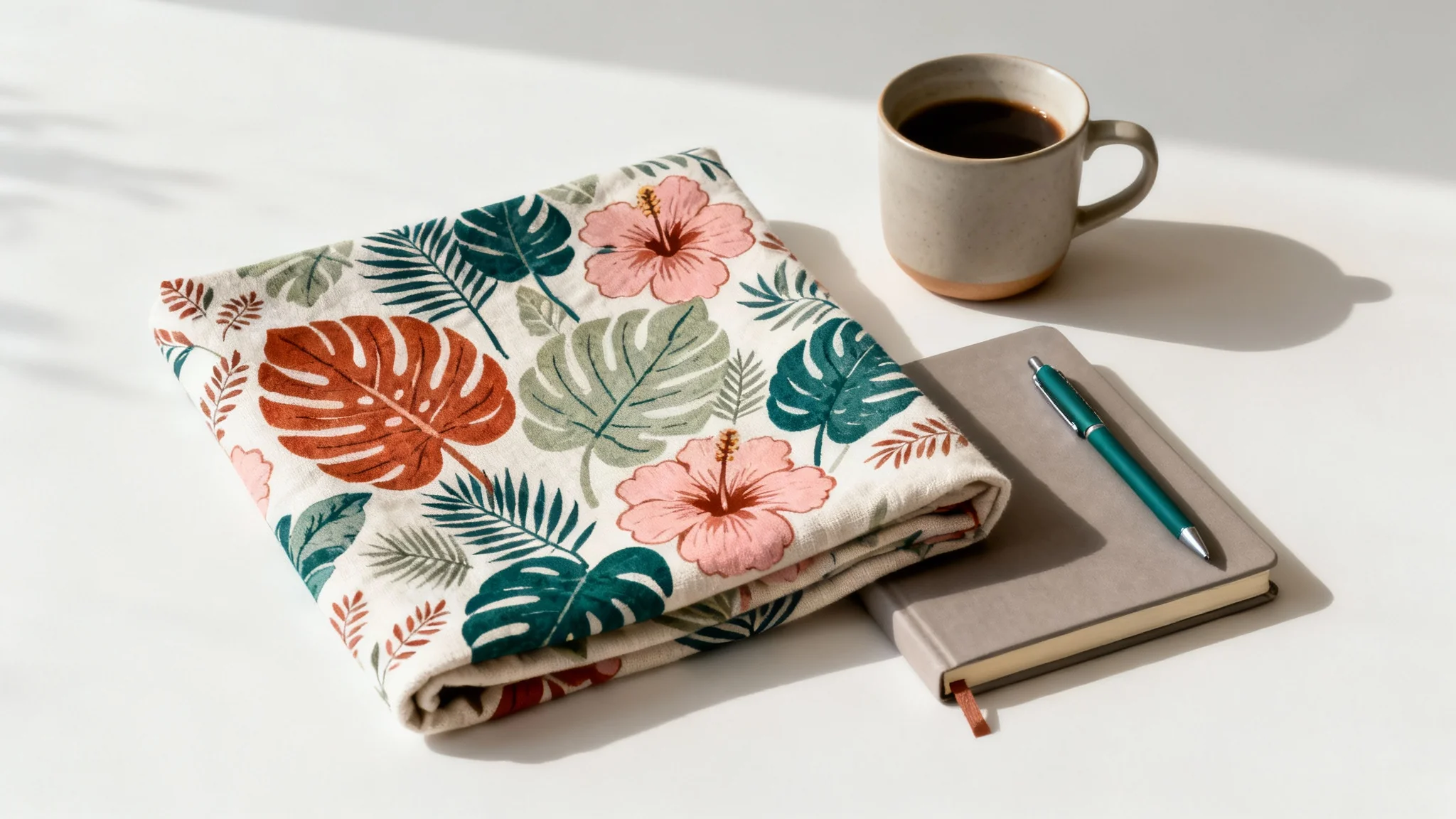 A flat lay mockup showcasing a botanical surface pattern design on a fabric swatch, a notebook, and a coffee mug, arranged on a white background.