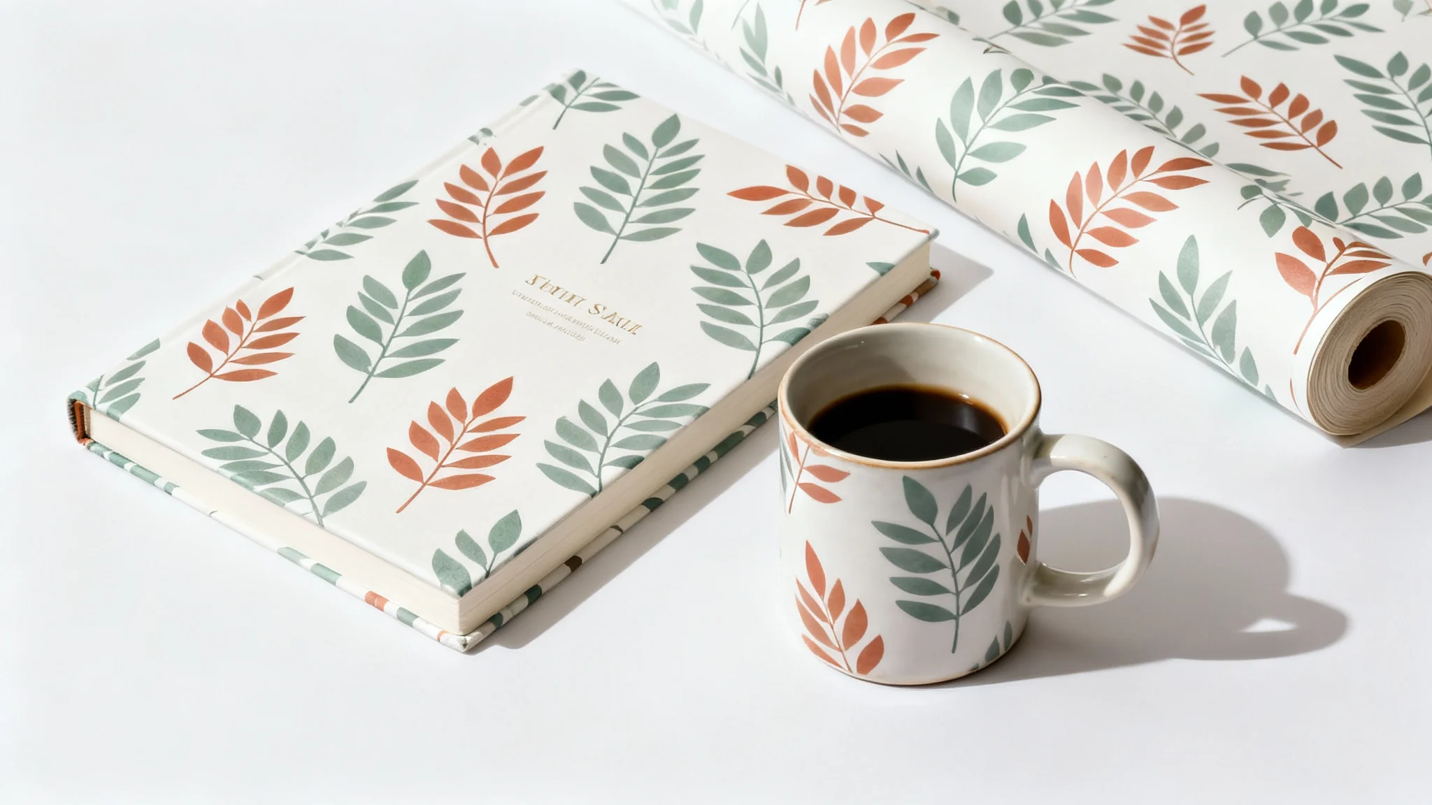 A top-down view of a notebook, a coffee mug, and a roll of wallpaper, all featuring a matching modern botanical pattern in sage green and terracotta, arranged neatly on a plain white background.