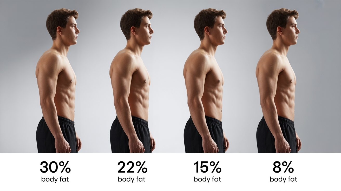 A visual sequence showing the same person at four different body fat percentages—30%, 22%, 15%, and 8%—to illustrate the effect on their physique and muscle definition.