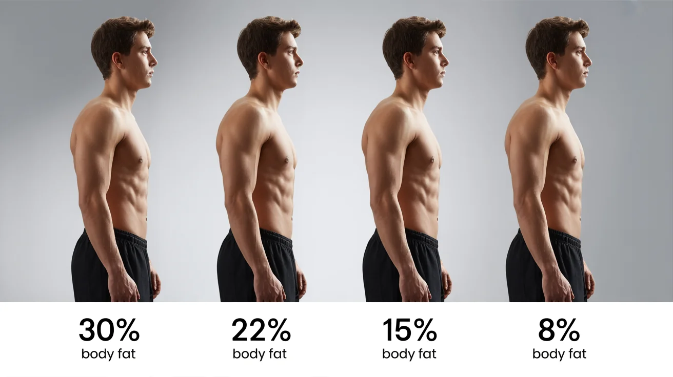 A visual sequence showing the same person at four different body fat percentages—30%, 22%, 15%, and 8%—to illustrate the effect on their physique and muscle definition.