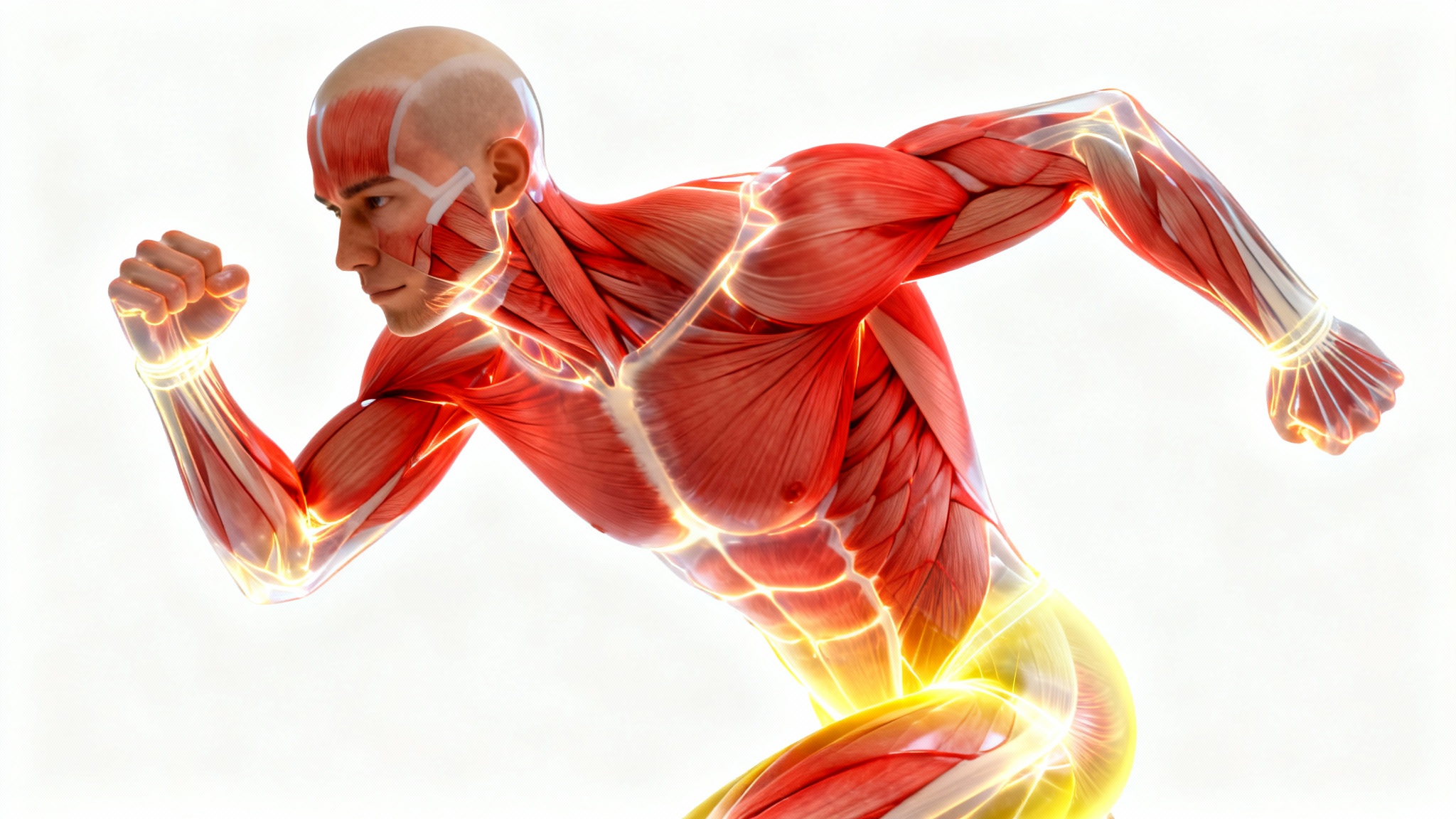 A 3D anatomical visualization of a fit human torso, showing the layers of muscle and body fat under the skin to represent a body fat visualizer.