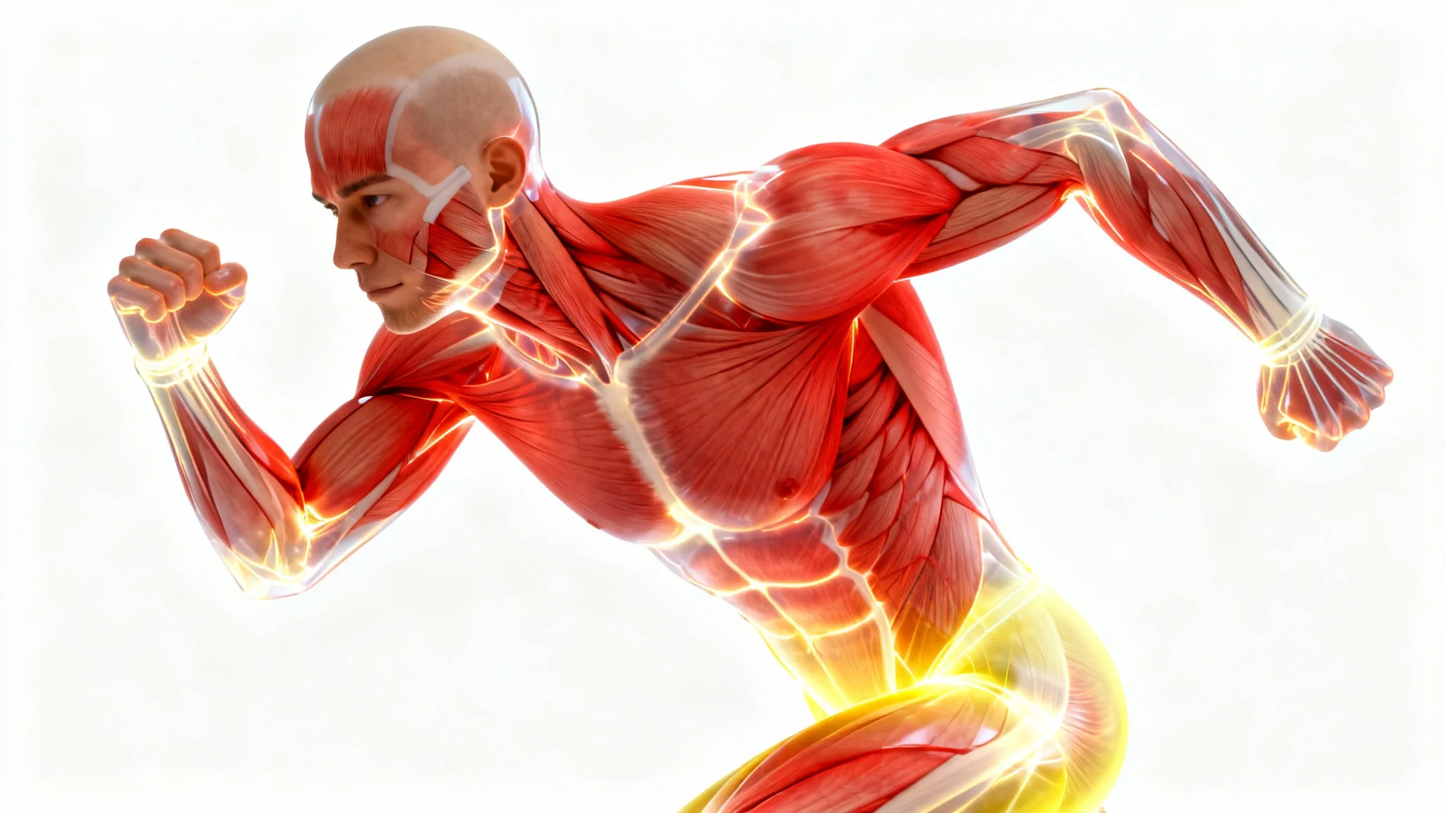 A 3D anatomical visualization of a fit human torso, showing the layers of muscle and body fat under the skin to represent a body fat visualizer.