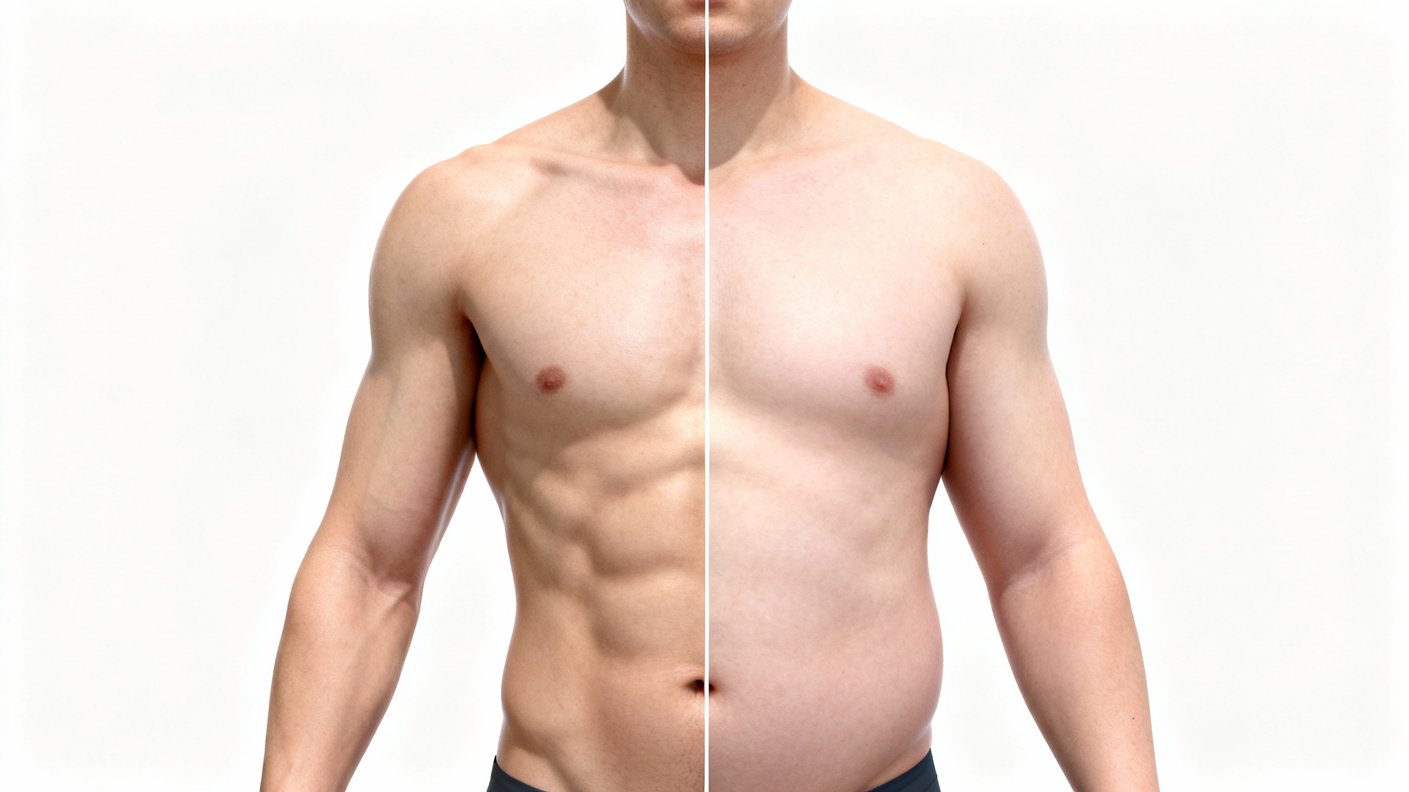 A clinical illustration comparing body fat percentages on a human figure. The left half is lean and muscular, while the right half is softer with higher body fat.