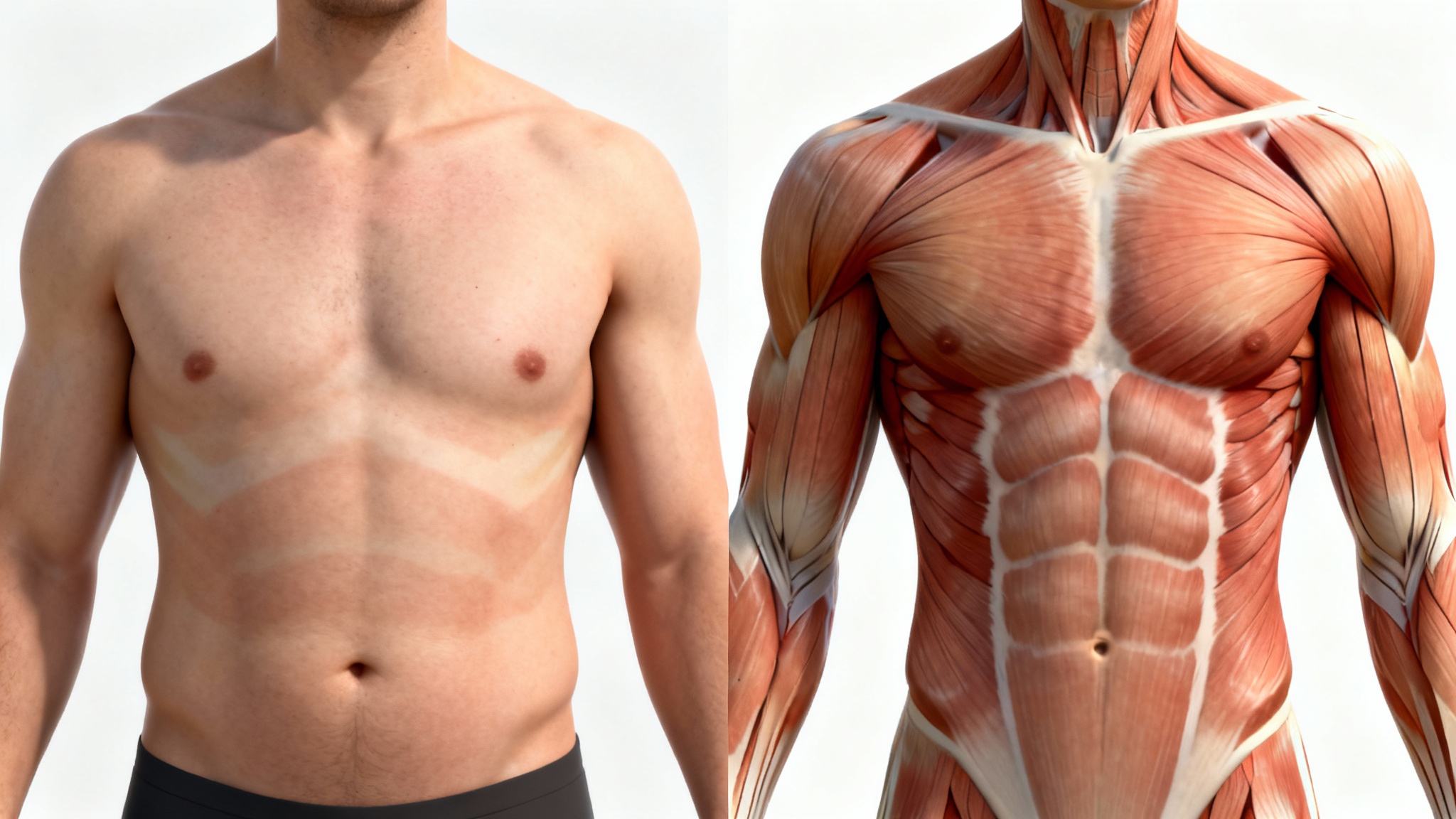 A 3D medical illustration showing a side-by-side comparison of a male torso, one with a higher body fat percentage and the other with a lower, more muscular body fat percentage, representing a body fat visualizer.