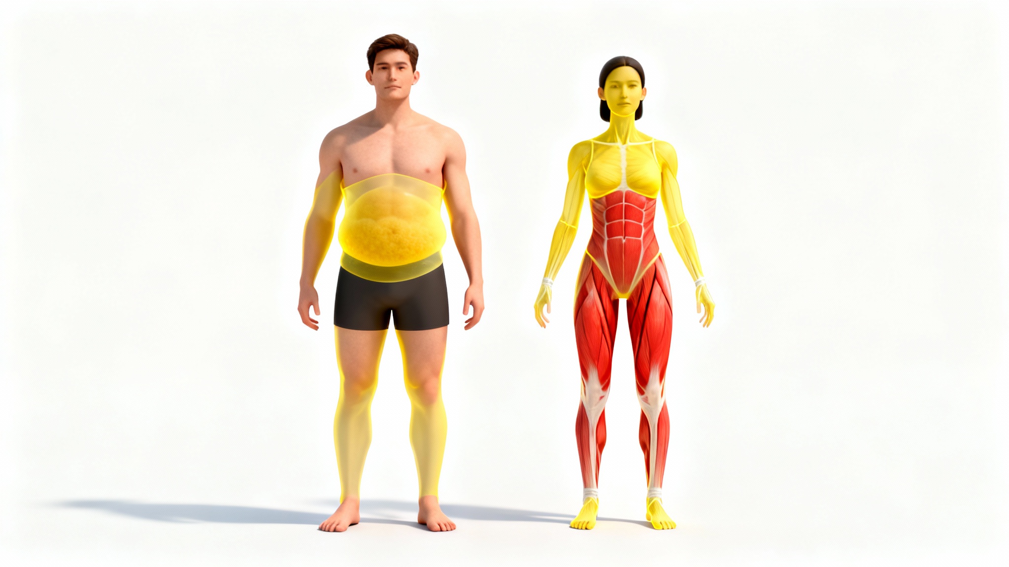 A 3D anatomical visualization comparing two body types: a male figure with higher body fat and a female figure with lower body fat and visible muscle definition.