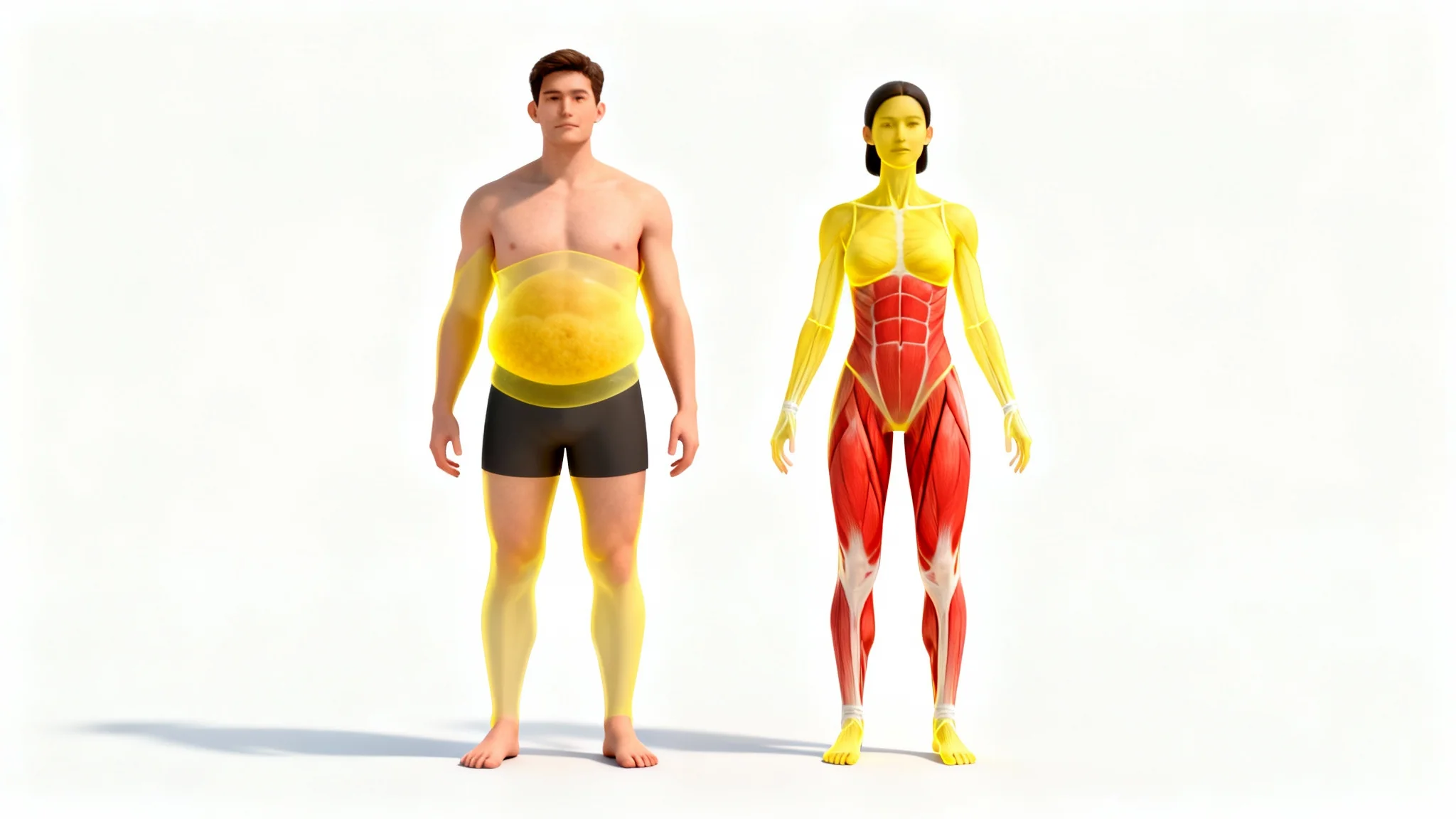 A 3D anatomical visualization comparing two body types: a male figure with higher body fat and a female figure with lower body fat and visible muscle definition.