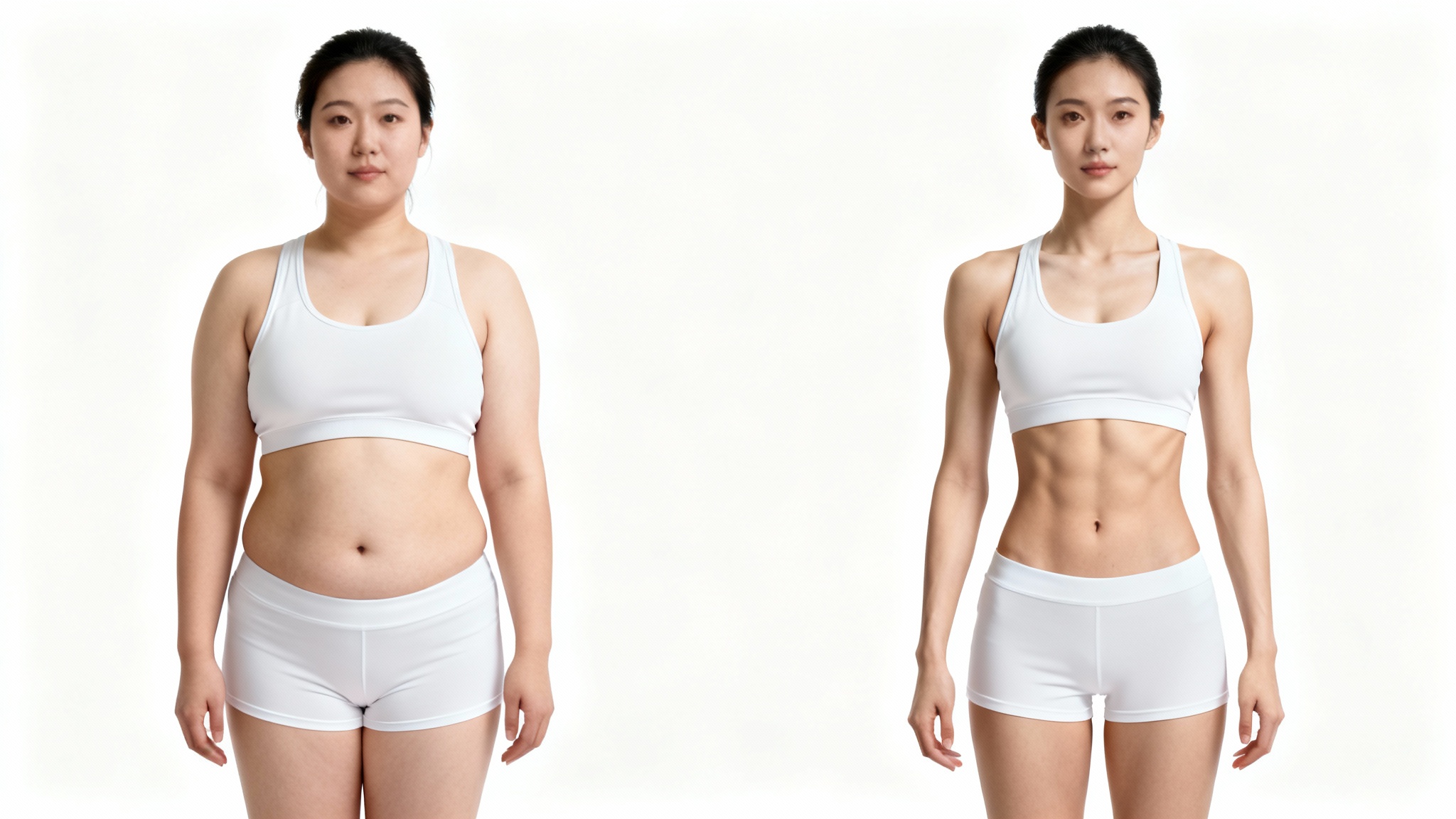 A side-by-side comparison mockup showing the same woman at two different body fat percentages. The woman on the left has a higher body fat percentage and a softer build, while the woman on the right is leaner with visible muscle definition.