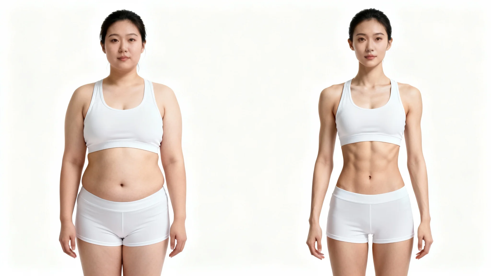 A side-by-side comparison mockup showing the same woman at two different body fat percentages. The woman on the left has a higher body fat percentage and a softer build, while the woman on the right is leaner with visible muscle definition.