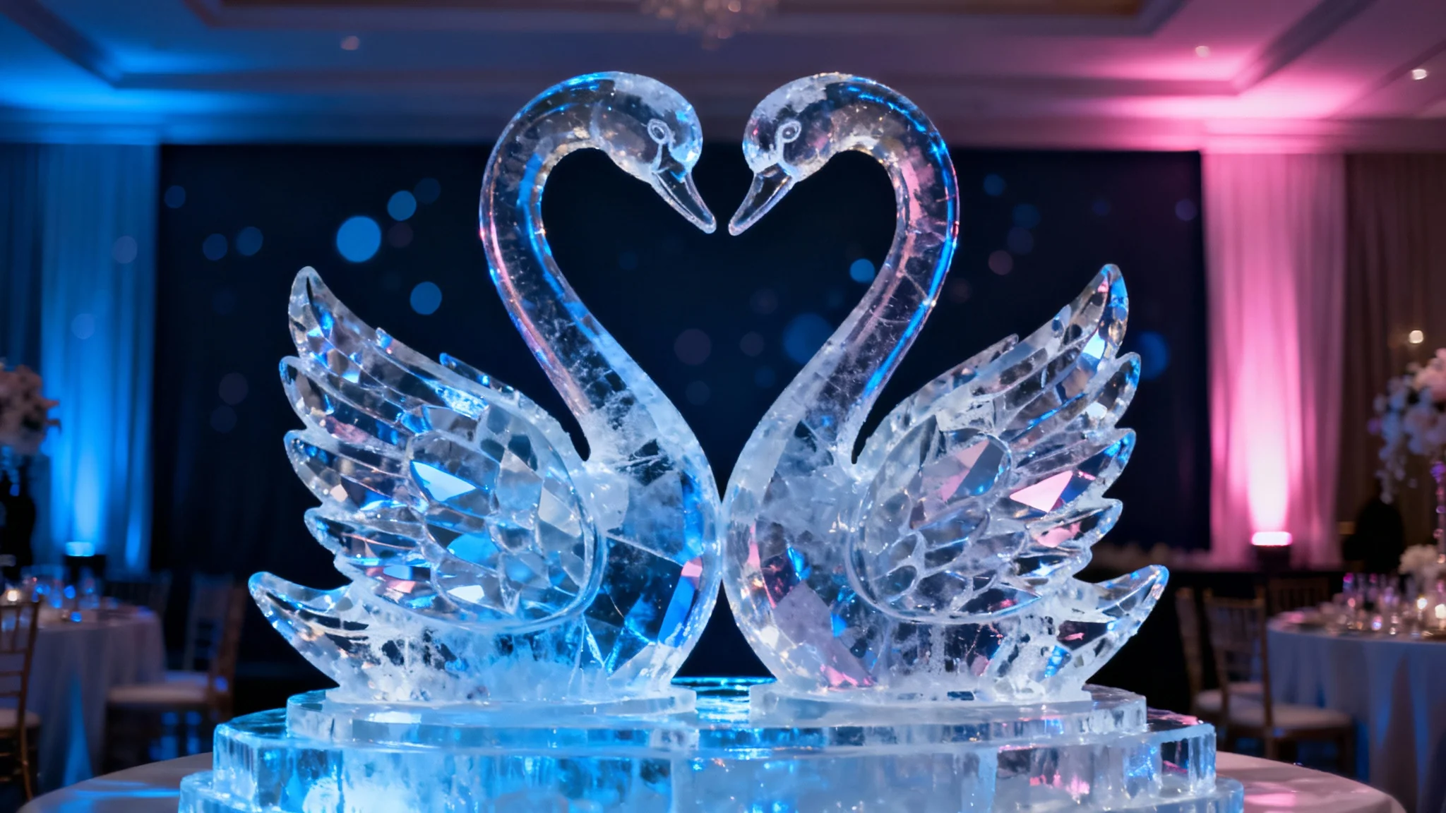 A breathtaking ice sculpture of two swans forming a heart, glowing with blue and pink light at an elegant event.