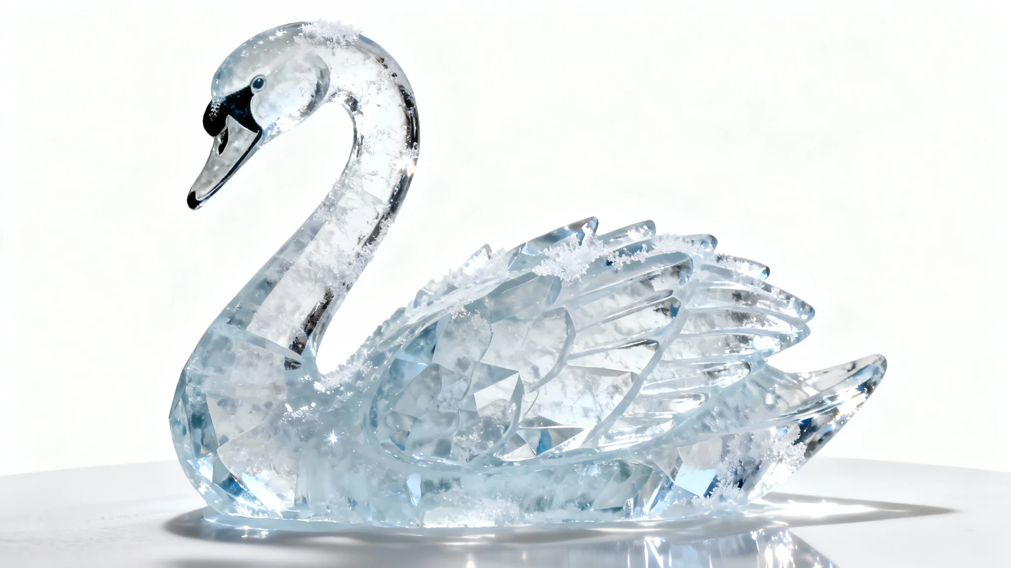 An elegant, crystal-clear ice sculpture of a swan with detailed feathers, displayed on a white pedestal against a clean white background.