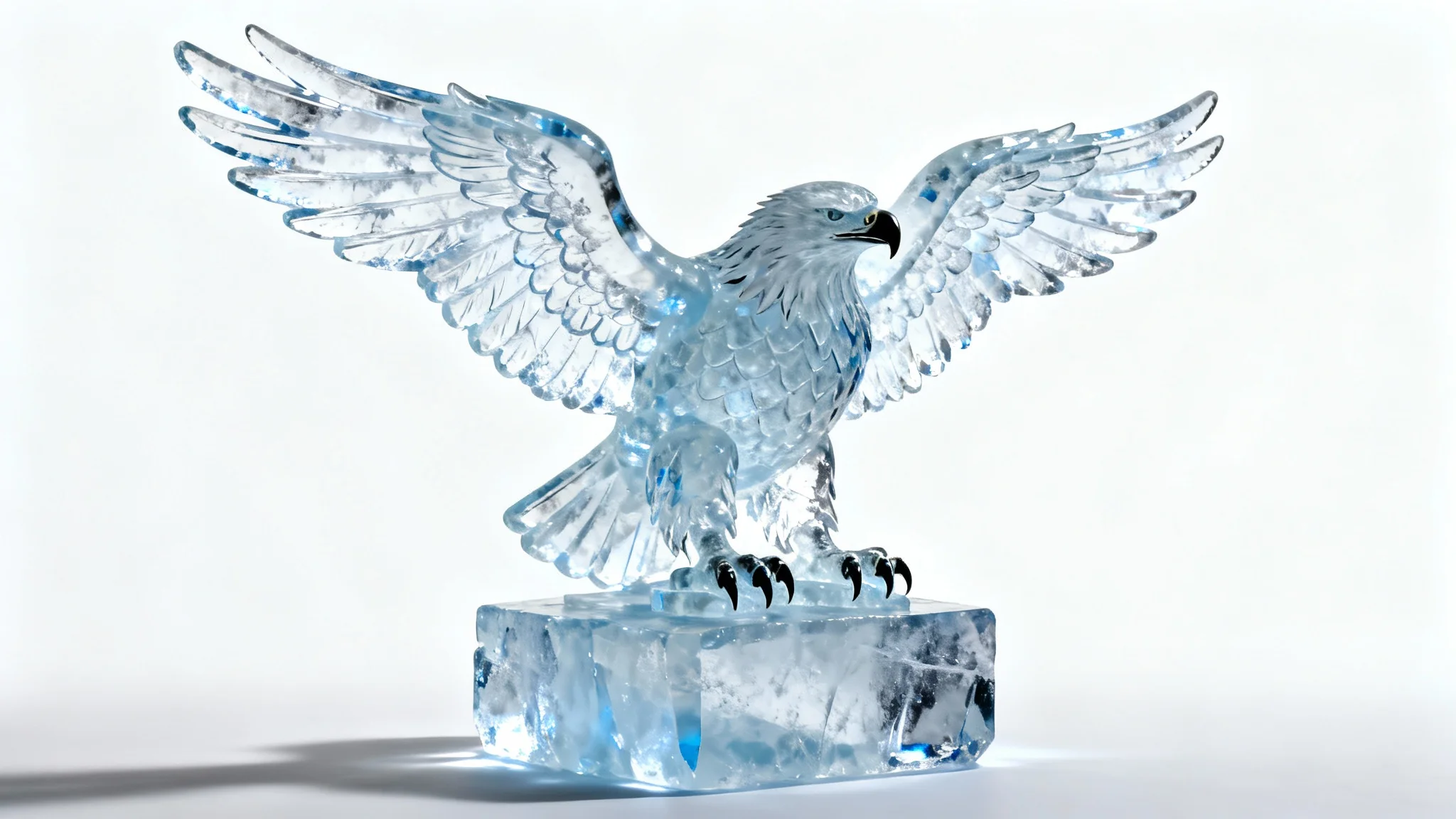 A highly detailed, photorealistic ice sculpture of an eagle with its wings spread, illuminated by cool blue and white lights against a plain white background.