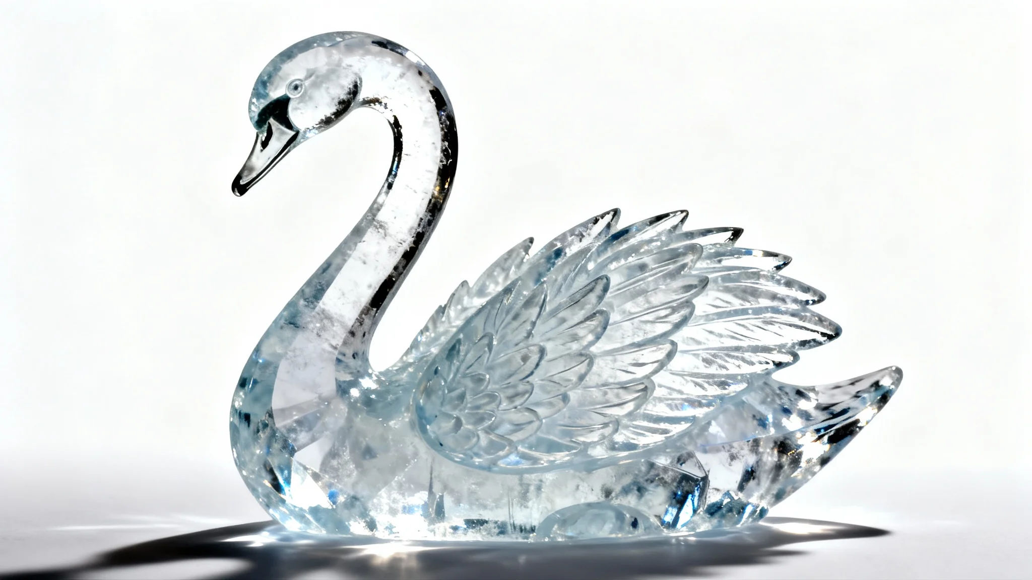 A highly detailed, photorealistic ice sculpture of a majestic swan, glistening under studio lights against a clean white background.