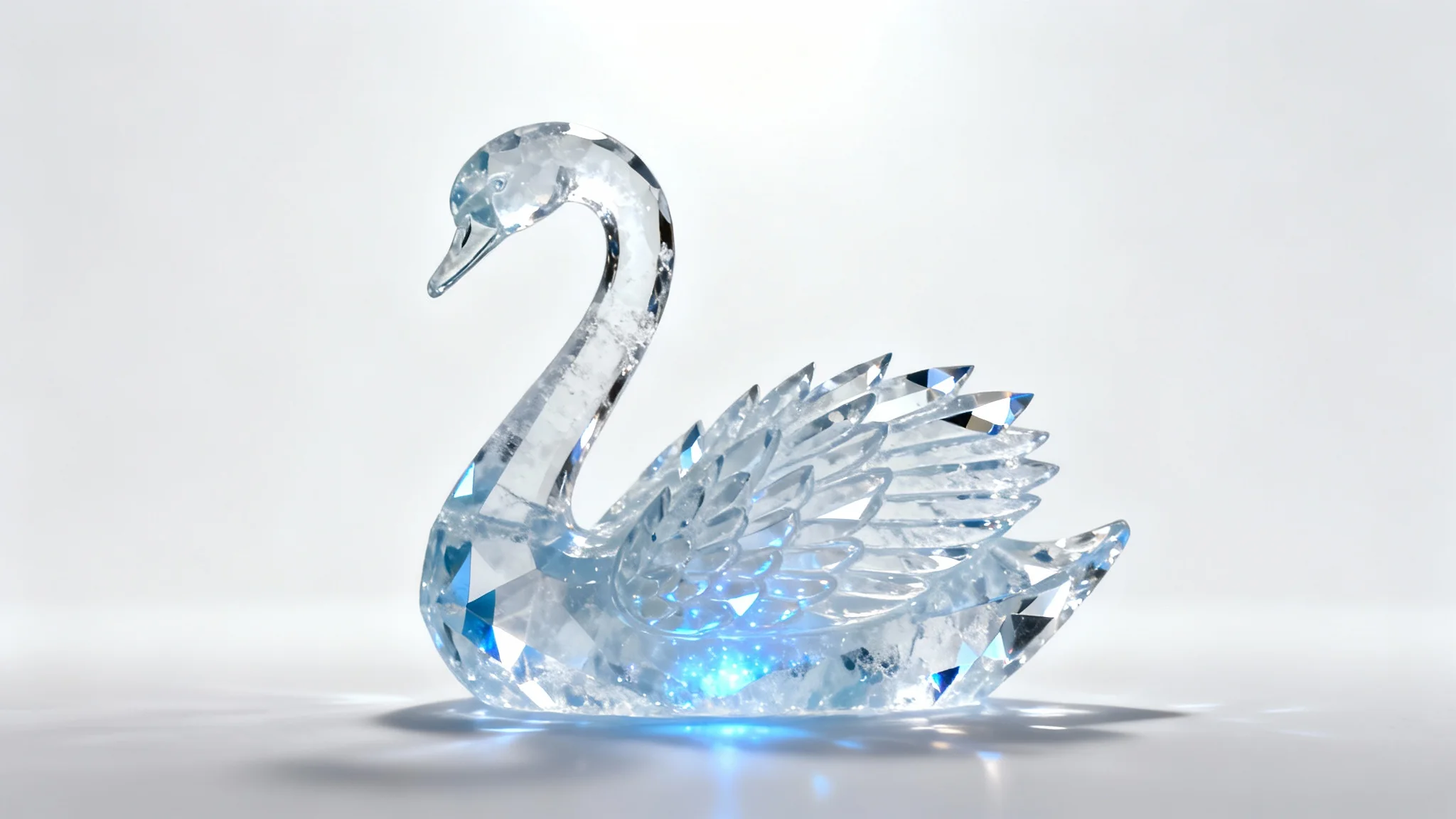 A photorealistic mockup of a beautifully intricate ice sculpture of a swan, sparkling under cool lighting against a plain white background.