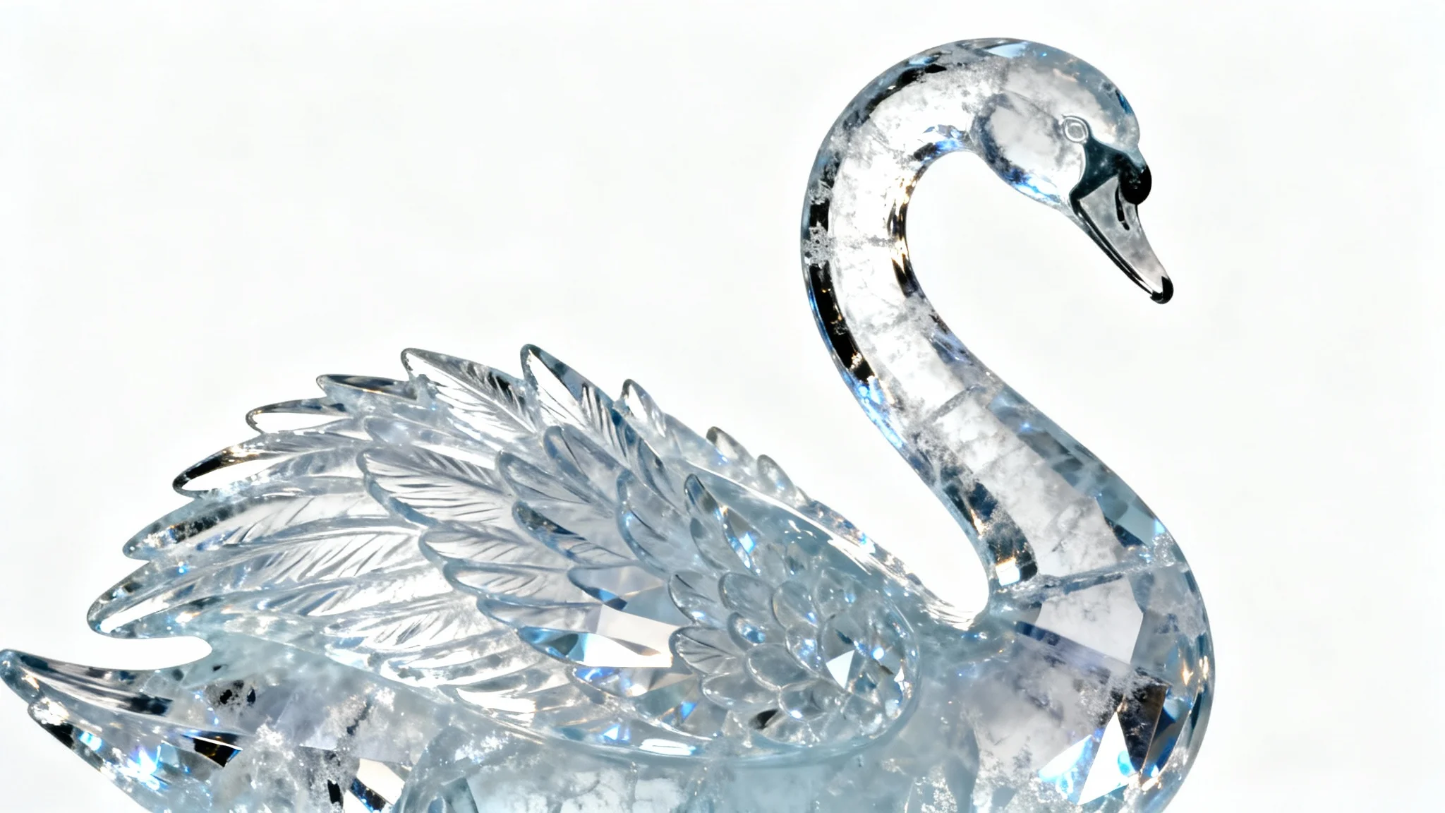 A close-up, photorealistic image of a detailed ice sculpture of a swan, illuminated by cool lighting against a plain white background.