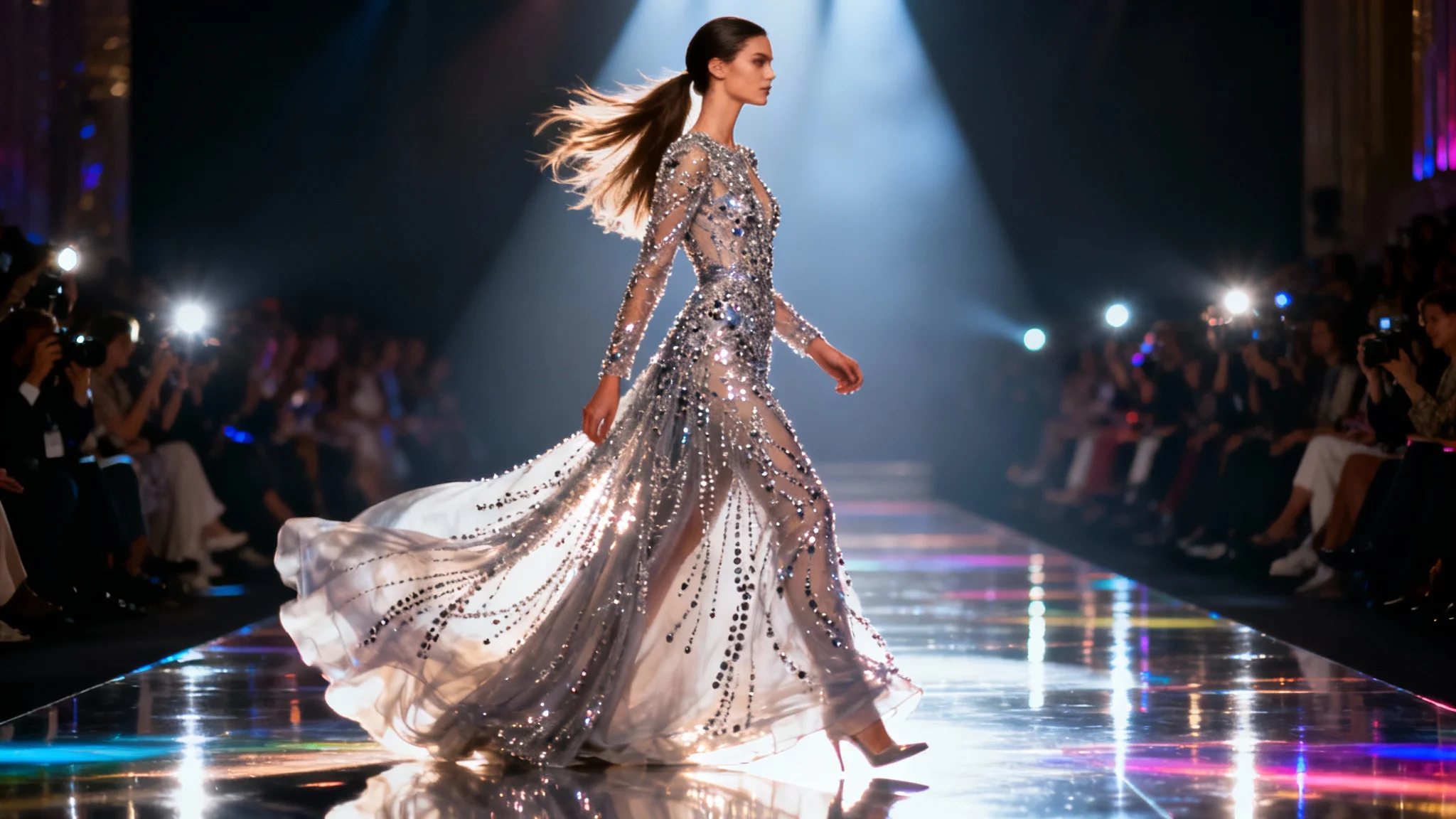 A still frame from a runway walk animation showing a model in a beaded gown walking dynamically down an illuminated runway, with fabric and hair showing motion.