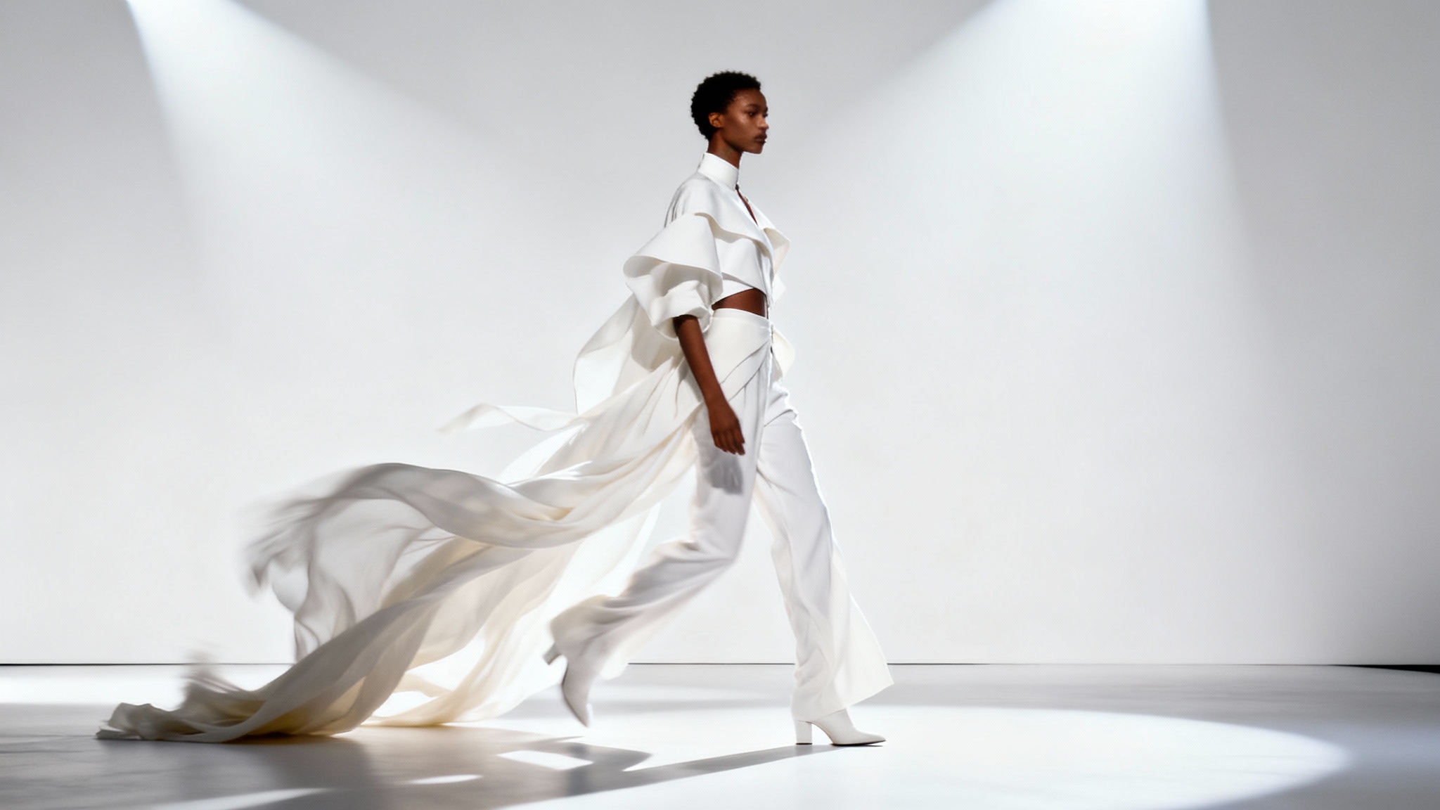 A high-fashion model walks down a white runway, their avant-garde outfit with flowing fabric captured mid-motion to simulate a runway walk animation.