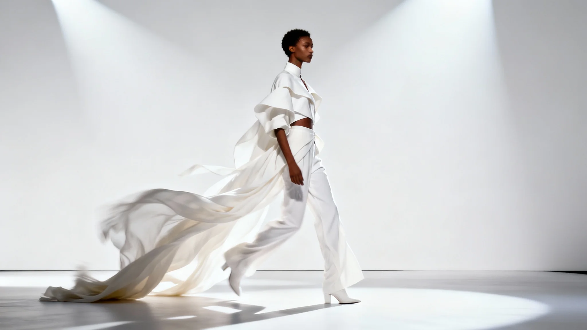 A high-fashion model walks down a white runway, their avant-garde outfit with flowing fabric captured mid-motion to simulate a runway walk animation.