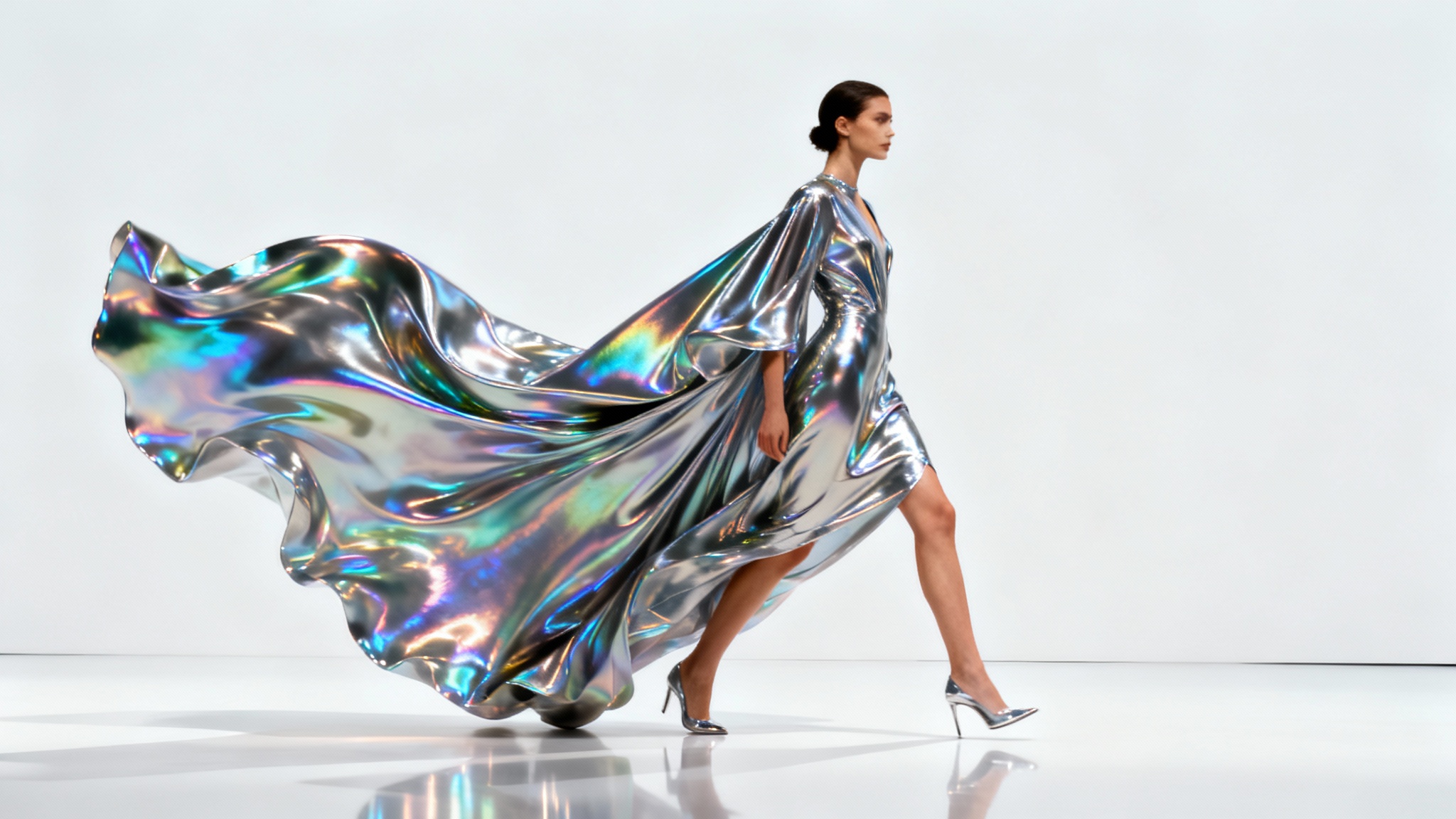 A photorealistic image of a fashion model captured mid-walk on a runway against a white background, wearing a futuristic, flowing iridescent dress that suggests movement and animation.