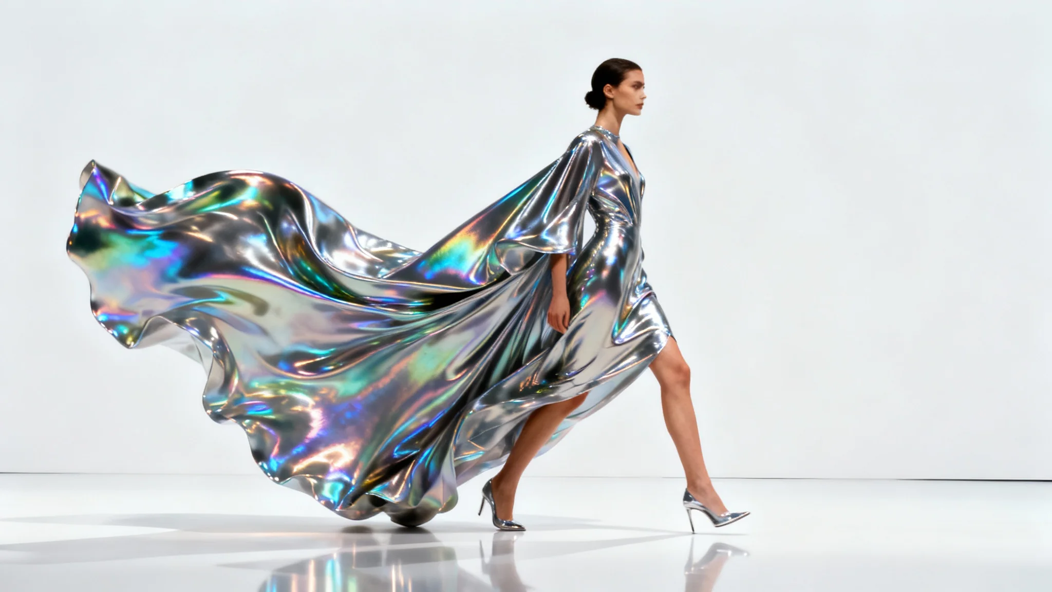 A photorealistic image of a fashion model captured mid-walk on a runway against a white background, wearing a futuristic, flowing iridescent dress that suggests movement and animation.